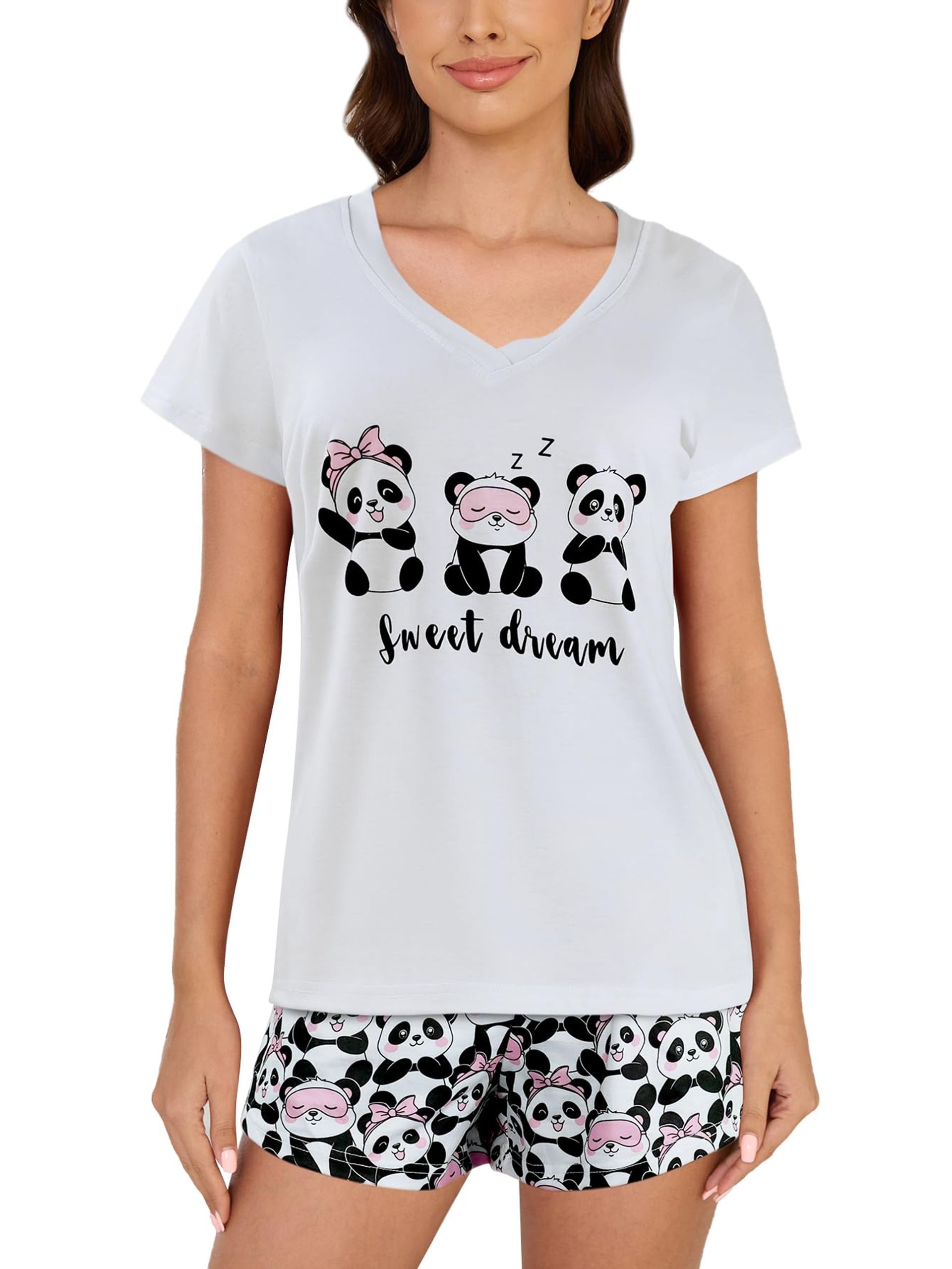 Women's Panda Print Pyjama Set with V-Neck Top & Elastic Shorts - Soft, Lightweight Sleepwear for Summer Nights