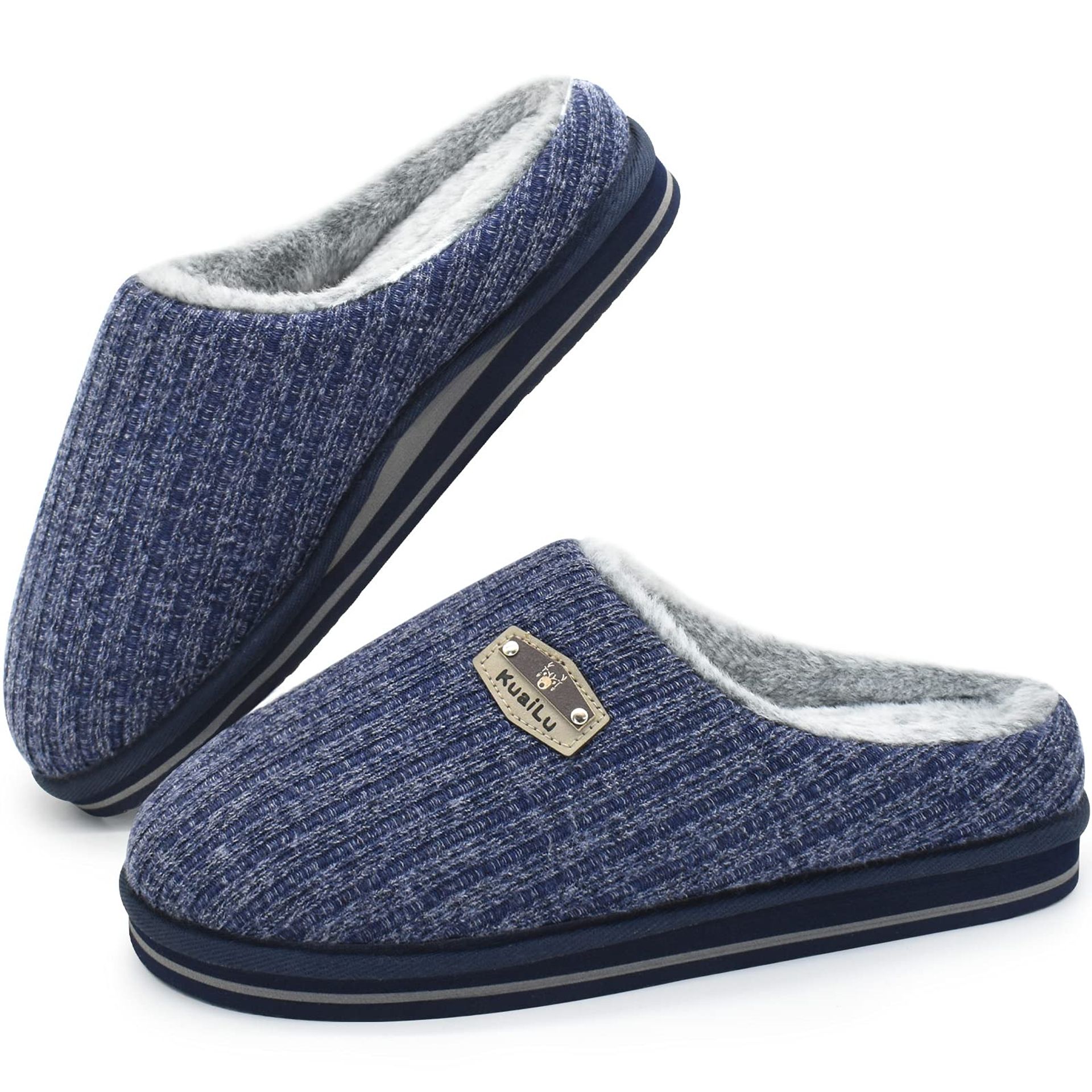 Men's Size 9 Blue Winter Slippers with Arch Support, Non-slip Rubber Sole, Breathable Sheepskin House Shoes