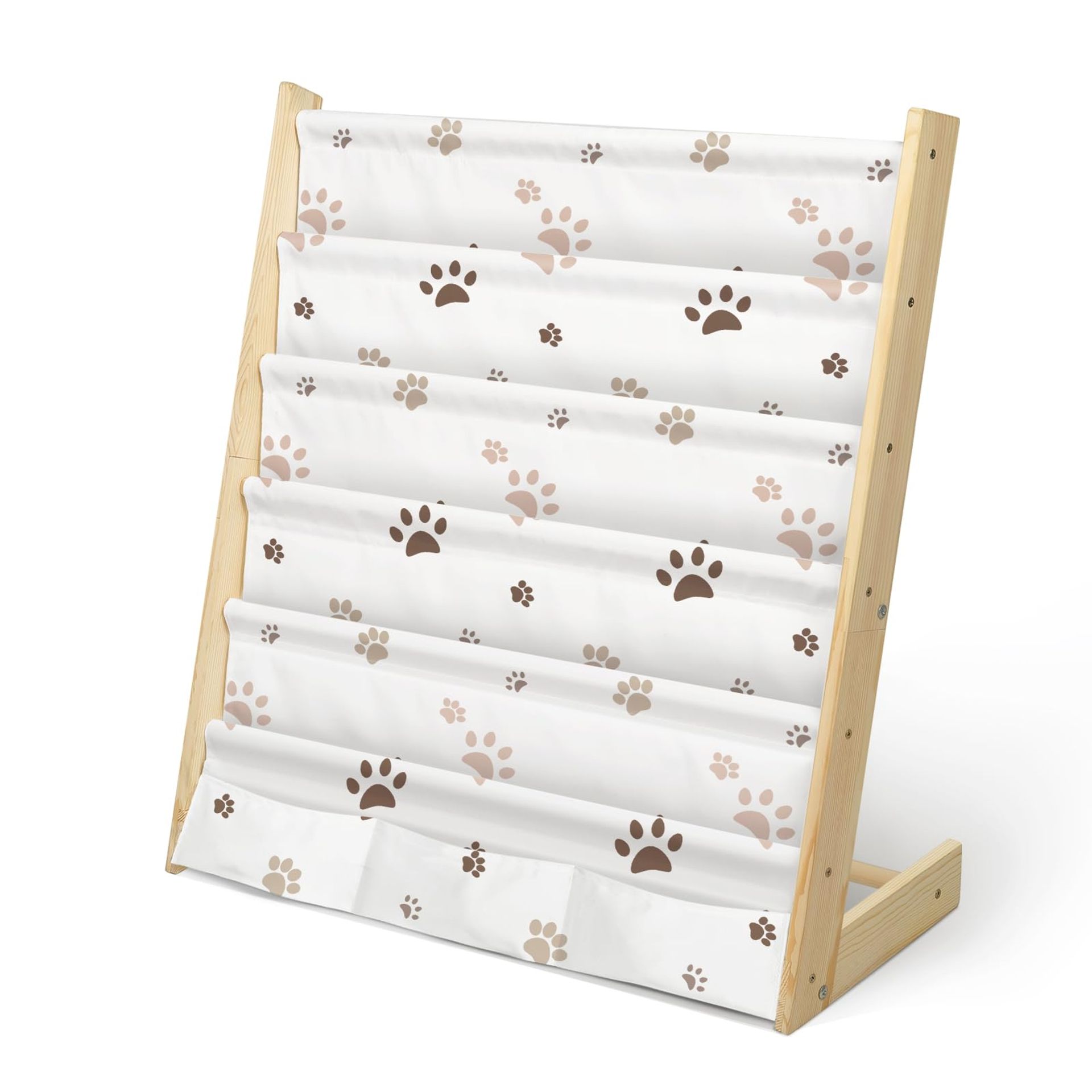 Wooden Sling Children's Bookshelf 5 Tier Toy and Book Storage Organiser with Deep Sleeves for Nursery and Playroom - Animal Footprint
