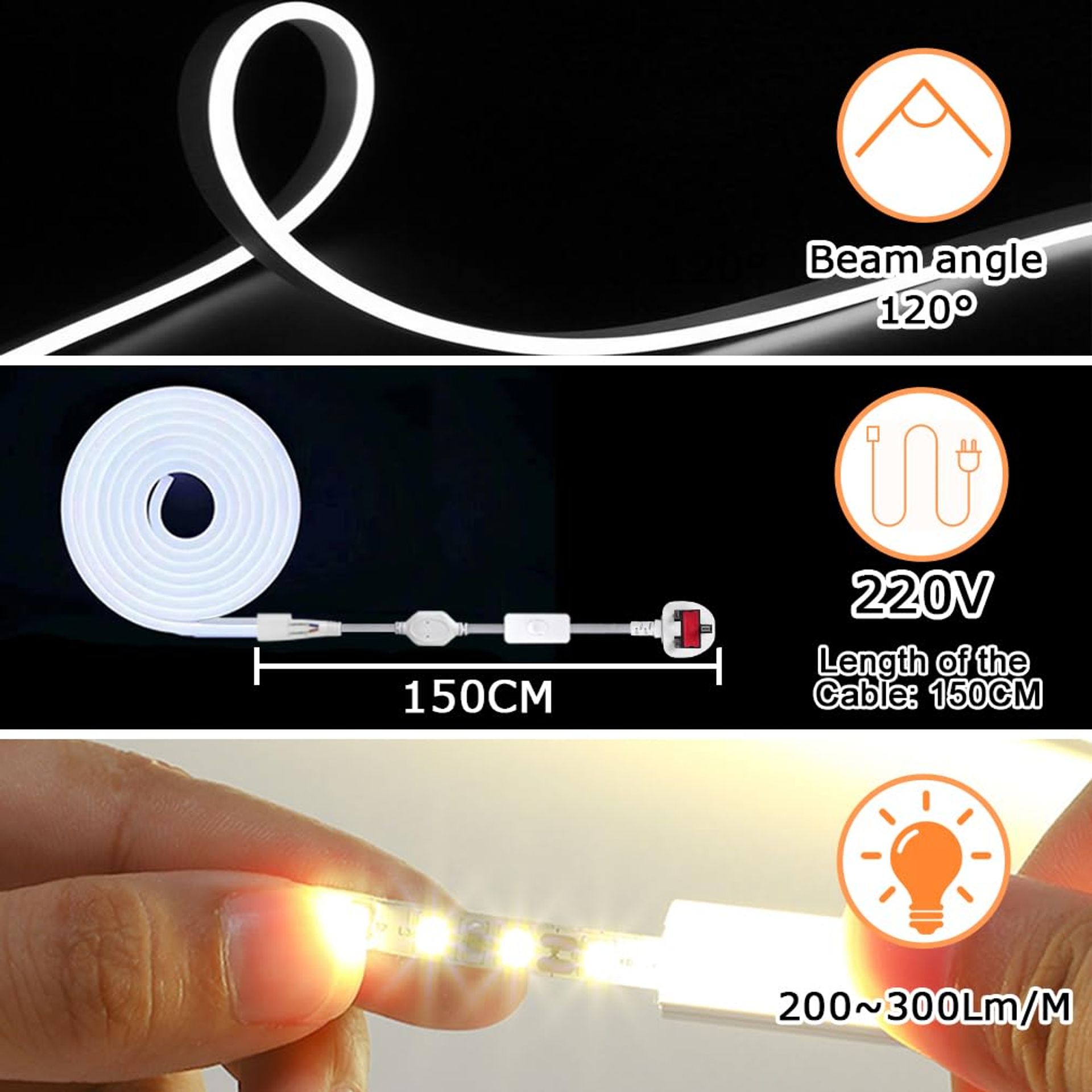 LED Neon Rope Light 50M Flexible Waterproof 230V Cuttable Strip For Indoo