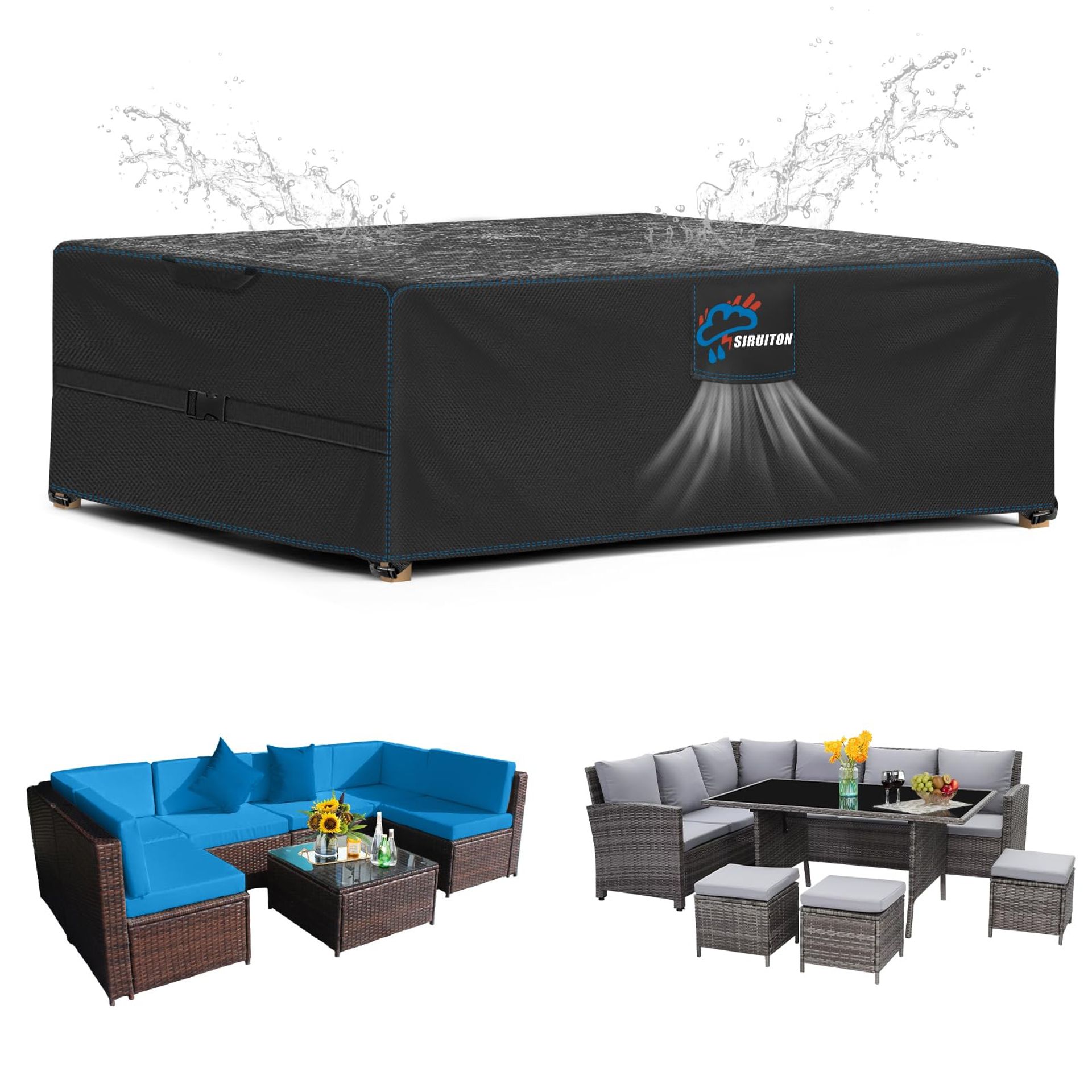Garden Furniture Cover Waterproof Windproof Anti-UV 420D Oxford Fabric Heavy Duty Rectangular - Black 270x180x89cm