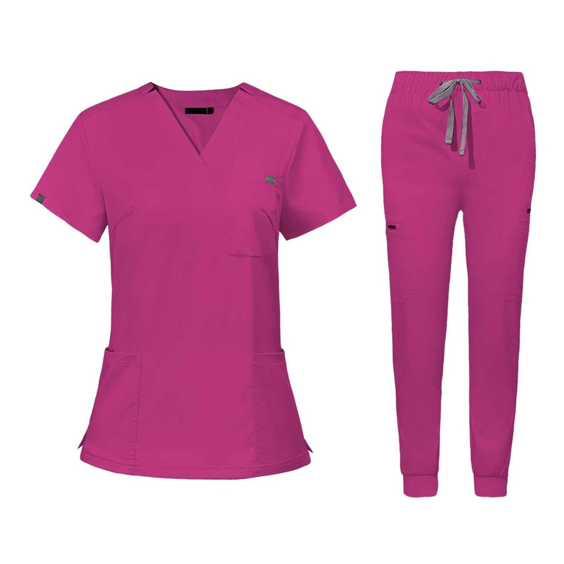 Women's Scrub Set V-Neck Short Sleeve Nursing Uniform with Pockets - Rose Red XL