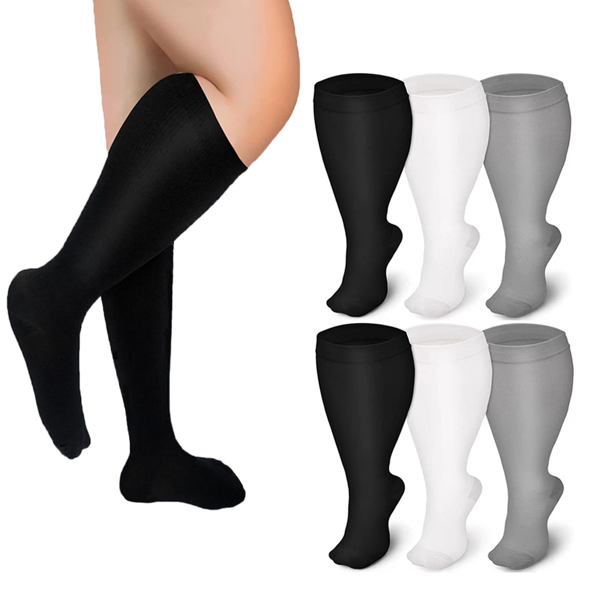 Wide Calf Compression Socks for Men & Women, Cotton Support Socks for Travel, Sports & Pregnancy - 6 Pairs 2XL Mix