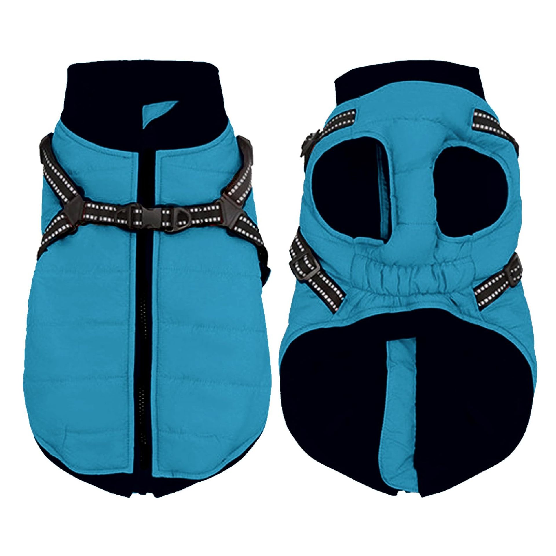 Dog Coat with Built-in Harness Fleece-Lined Waterproof Jacket Reflective Safety Design - Light Blue XL