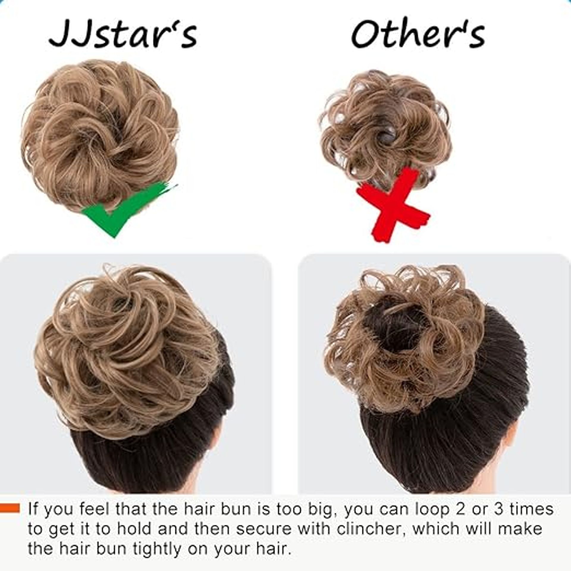 JJstar 2PCS Off Black Messy Bun Hair Piece - Curly Synthetic Updo Extensions