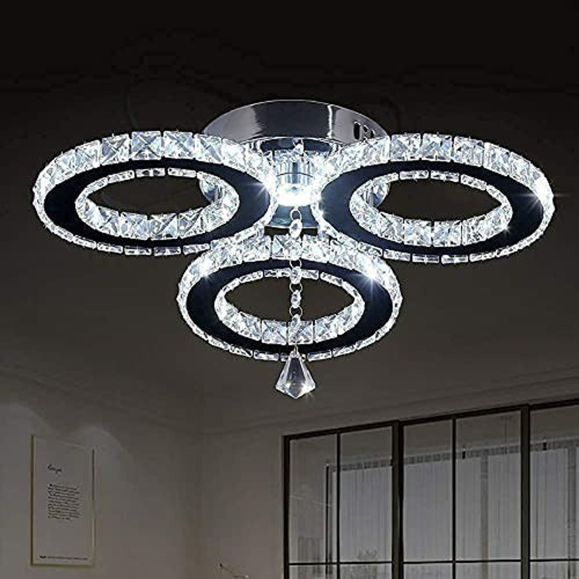 Modern Crystal Glass Round LED Ceiling Chandelier – Flush Mount, Gold Electroplated Metal, Up & Down Shade, For Living Room, Dining Room, Bedroom