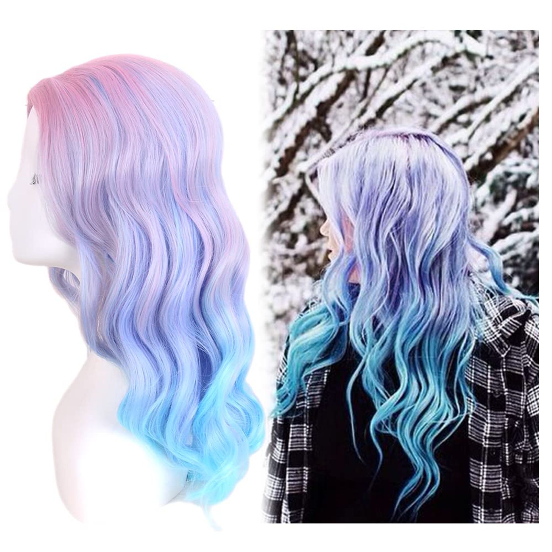 Long Curly Cosplay Wig Heat Resistant Synthetic Hair with Clips and Net - Ombre Pink Blue