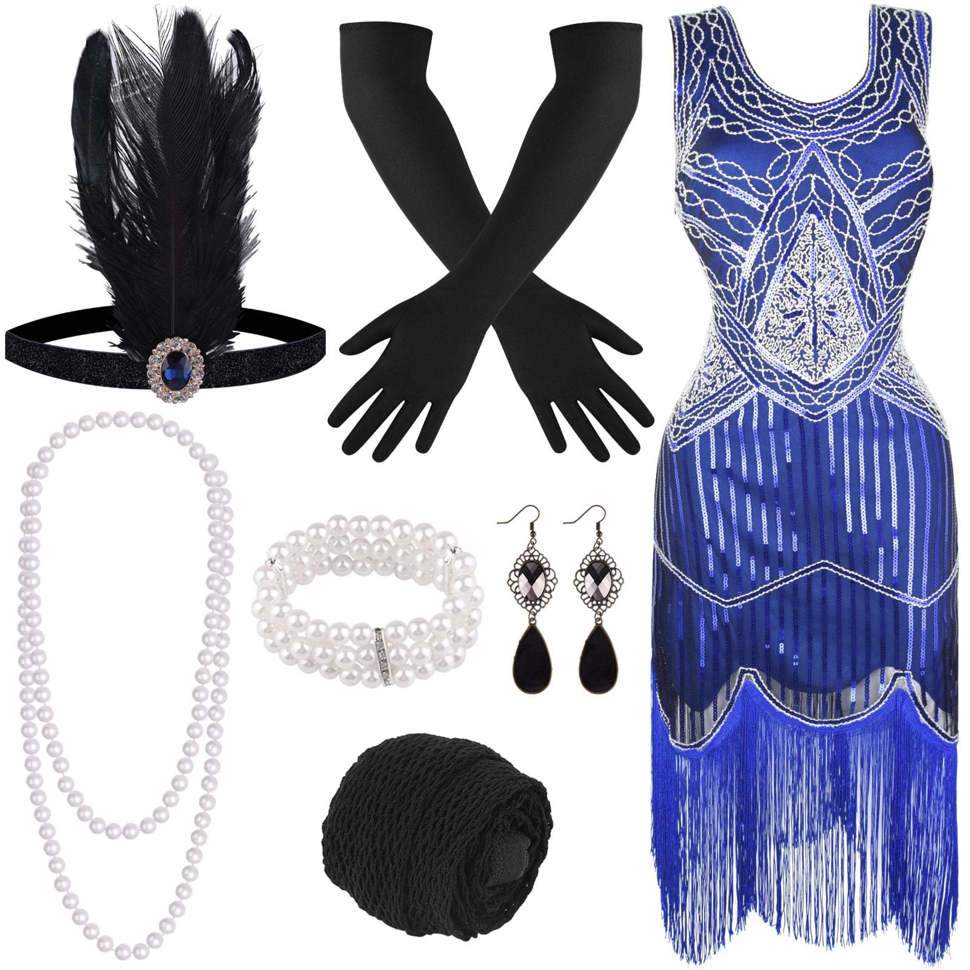 1920s Flapper Dress for Women with Fringed Sequin & Accessories, Great Gatsby Roaring 20s Costume