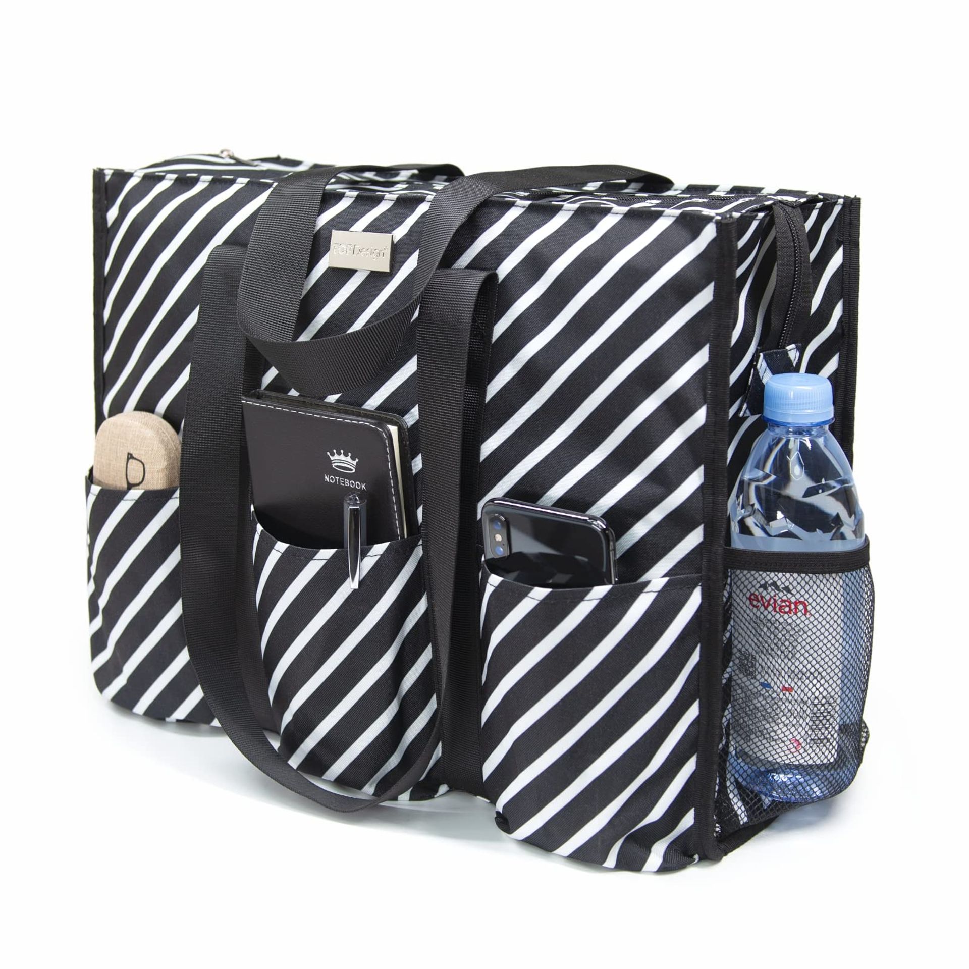 Utility Water Resistant Tote Bag with 13 Pockets, Zipper Top & Reinforced Base - Diagonal Stripes L