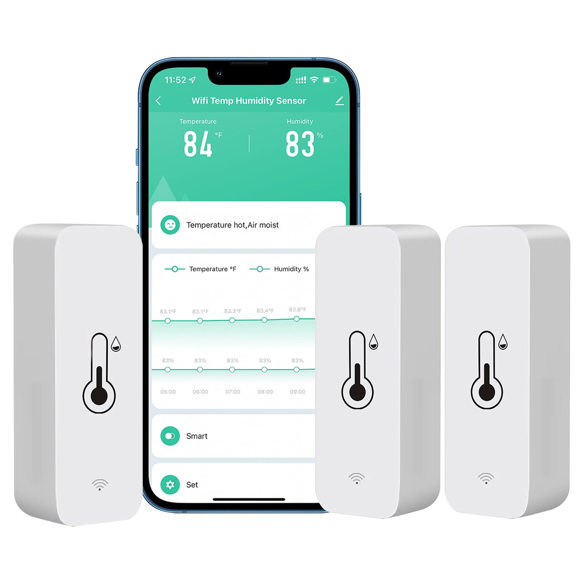 WiFi Hygrometer Thermometer Indoor Outdoor Wireless Temperature Humidity Sensor with App Alerts Works with Tuya Smart Life - 3-Pack