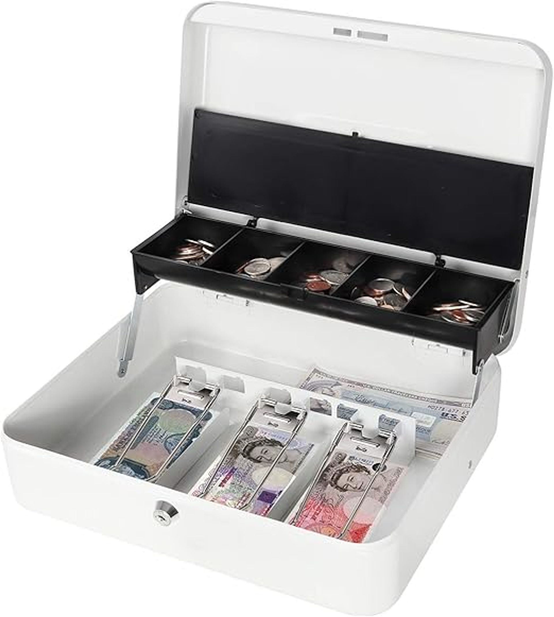 Secure White Parrency Large Cash Box with Money Tray & Cantilever Coin Tray