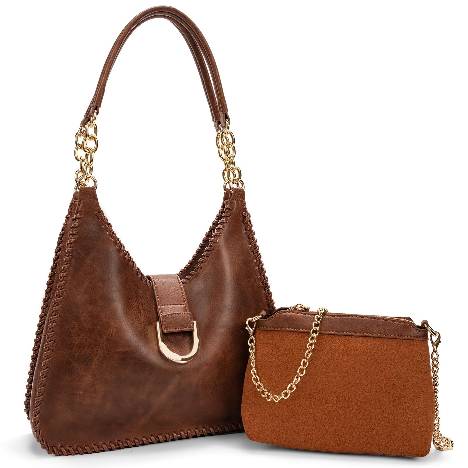 molshine 2 in 1 Hobo Crossbody Bags Set for Women PU Leather Shoulder Bag Handbag Purse with Metal Chain HB038 (Brown)