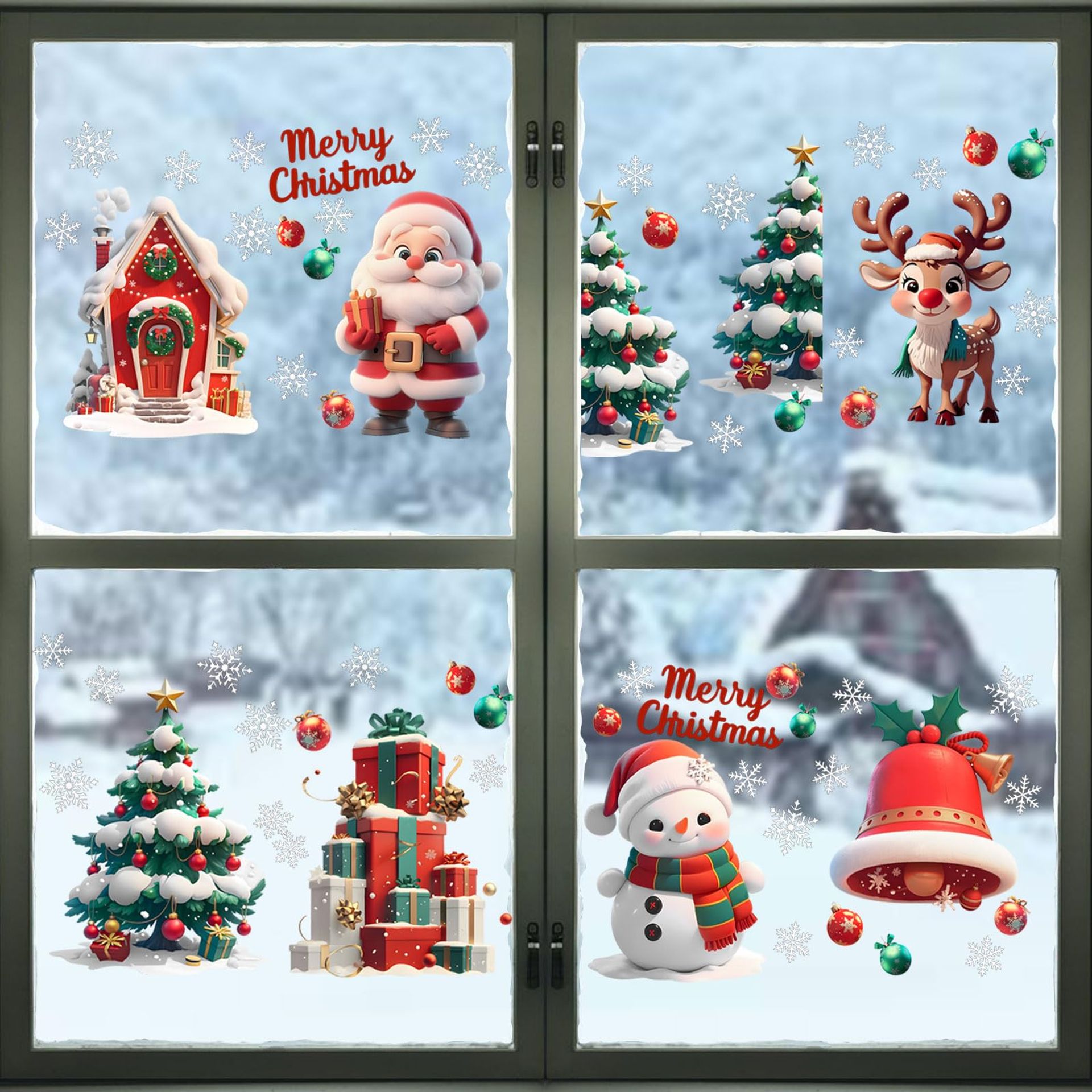 8PCS 3D Christmas Window Stickers - Cute Double-Sided Xmas Decorations with Santa, Moose & Tree Designs