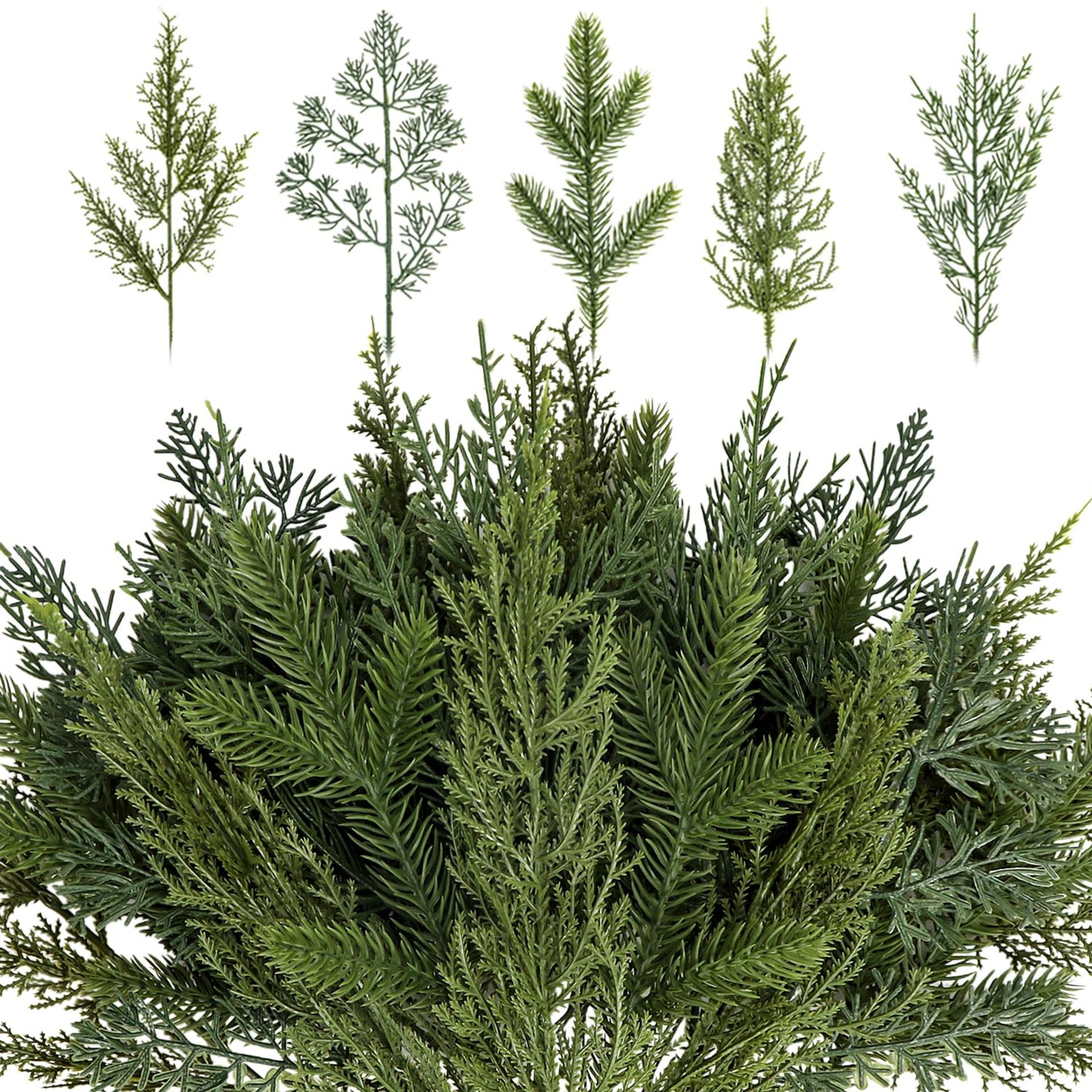 40 Pcs Christmas Artificial Pine Branches - 5 Styles, Realistic Faux Greenery for Craft & Home Decor