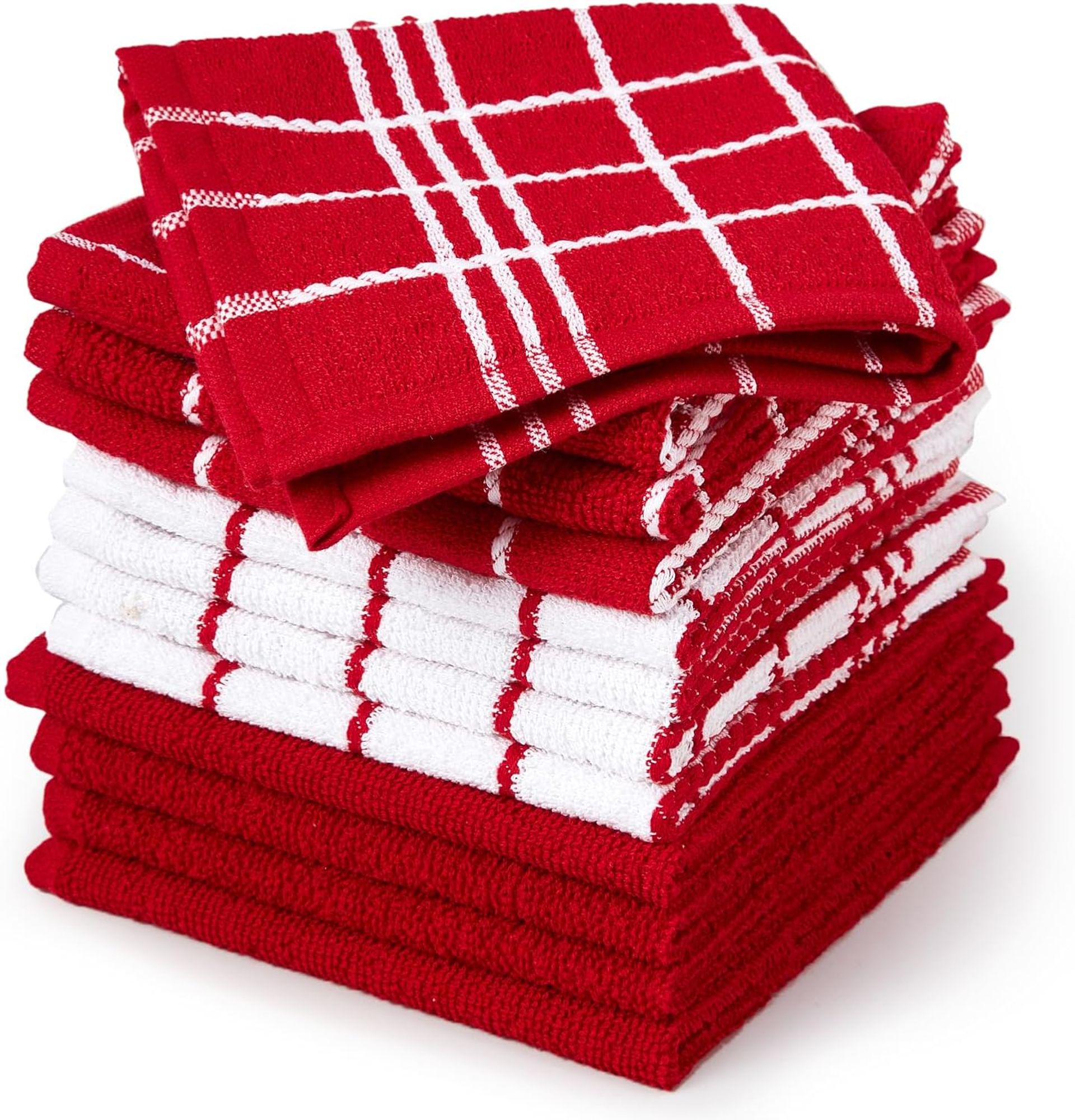 Kitchen Towels and Dish Cloths Set 100% Cotton Terry Highly Absorbent Multipurpose Cleaning Pack of 12 - Terry Red 30x30 cm