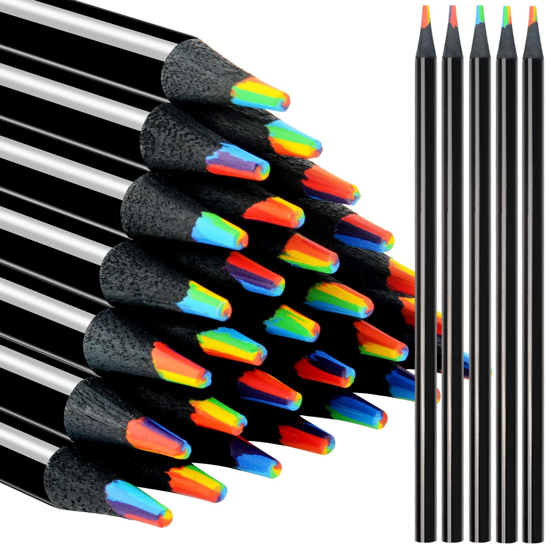 48 Pieces Rainbow Coloured Pencils for Kids, 7 in 1 Black Wooden Rainbow Pencils Bulk, Multicoloured Pencils Assorted Colours Art Supplies for Adults Drawing Colouring Sketching School Classroom