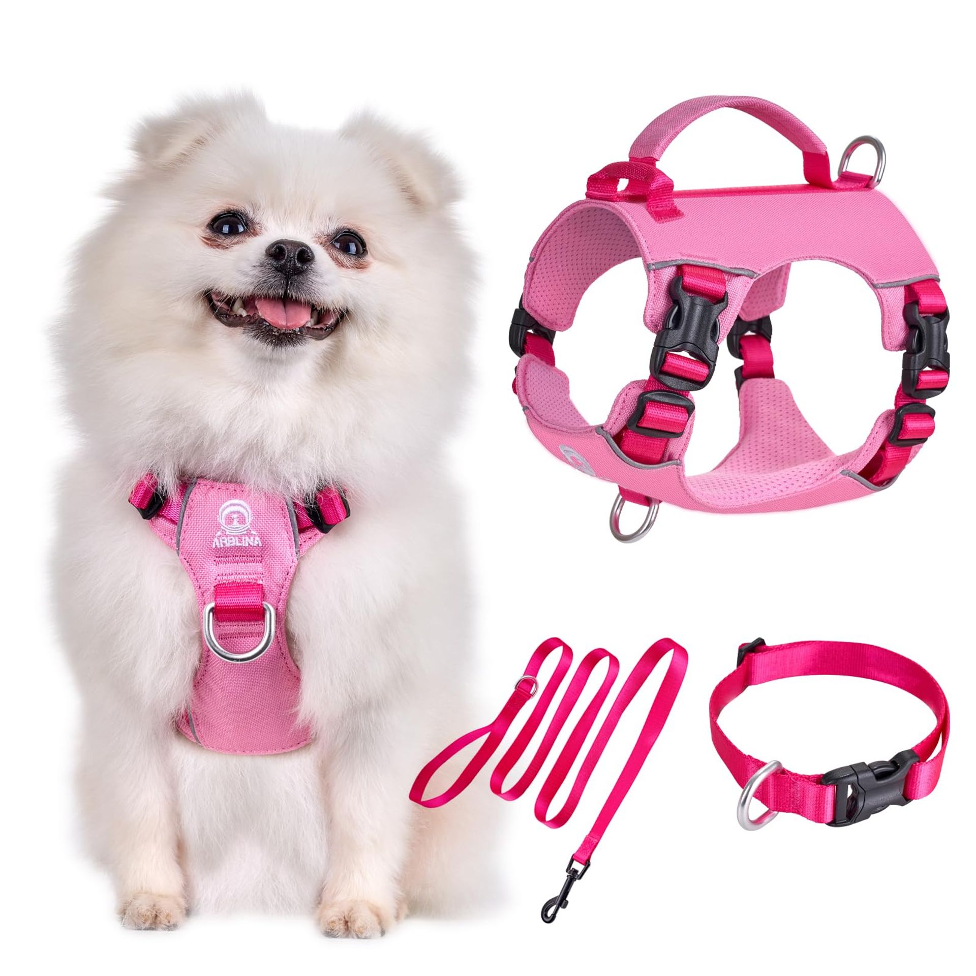 Small Dog Harness Set No-Pull Vest with Handle, Collar & Leash Reflective - Pink S