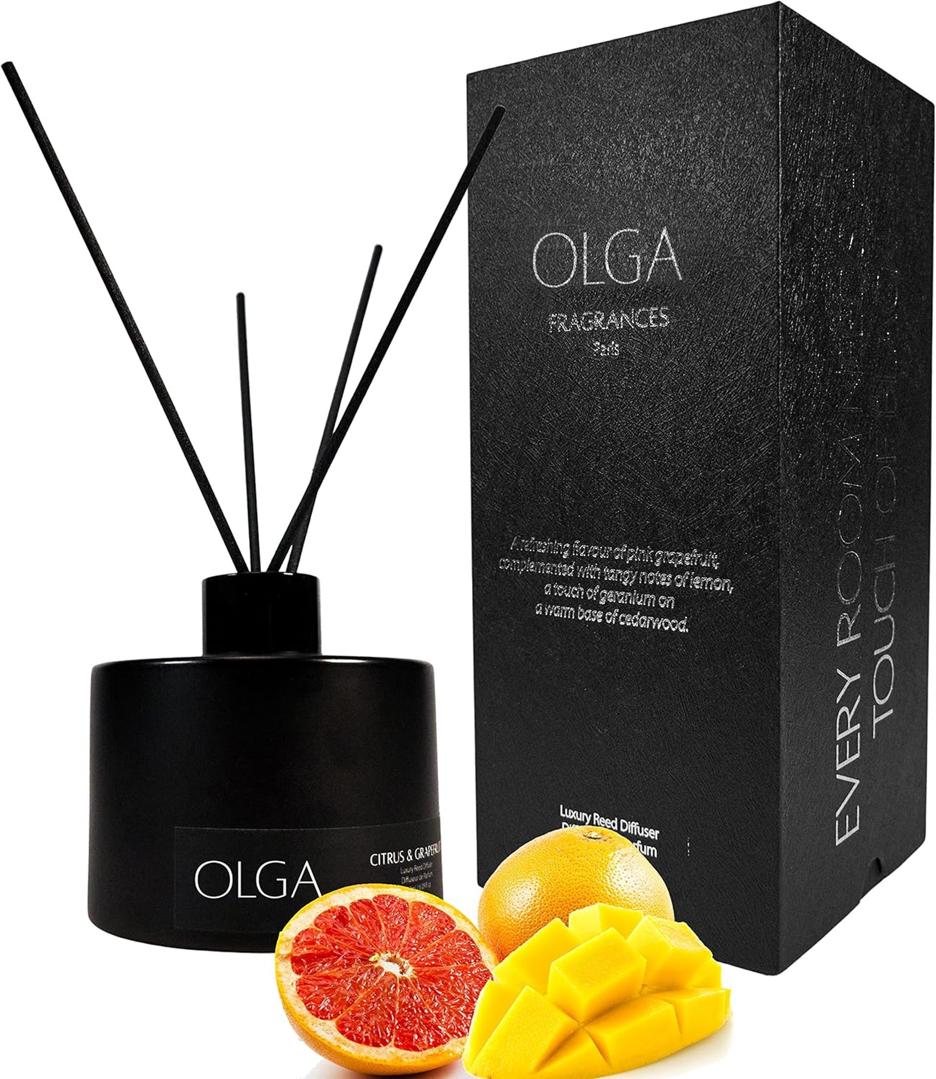OLGA Grapefruit Mango Reed Diffuser 180ml - Elegant Home Fragrance with Sticks
