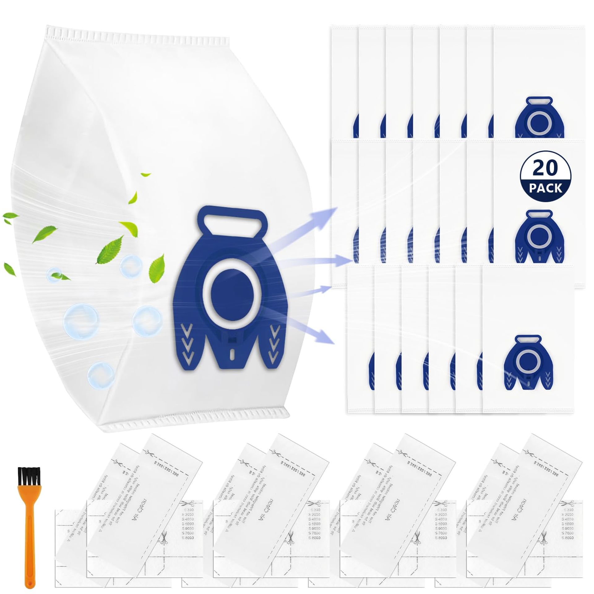 Vacuum Dust Bags Replacement Compatible with Miele GN Series 20 Pack with 8 Filters & Brush - Blue 20pc Set