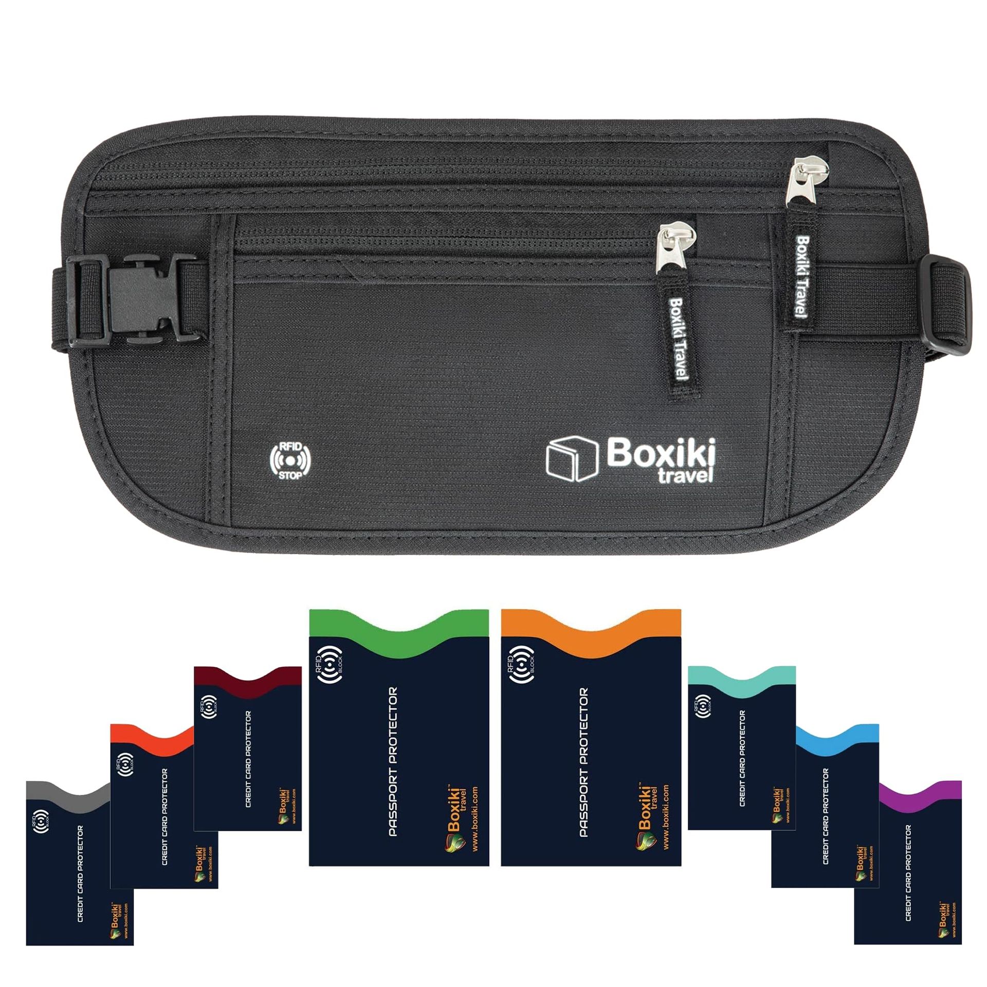 Travel Money Belt with RFID Blocking Sleeves 8-Piece Anti-Theft Waist Bag - Black M