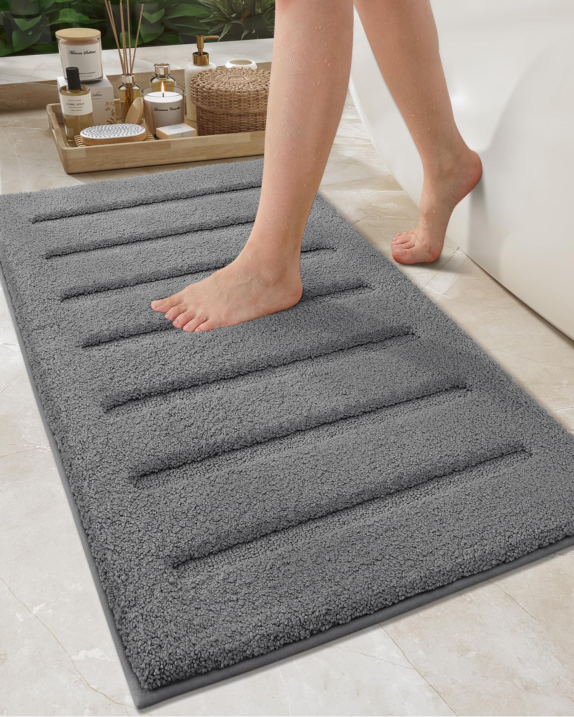 Non Slip Bath Mat Washable Super Absorbent Soft Bathroom Rug for Shower or Bath - Dark Grey 61 x 92 cm