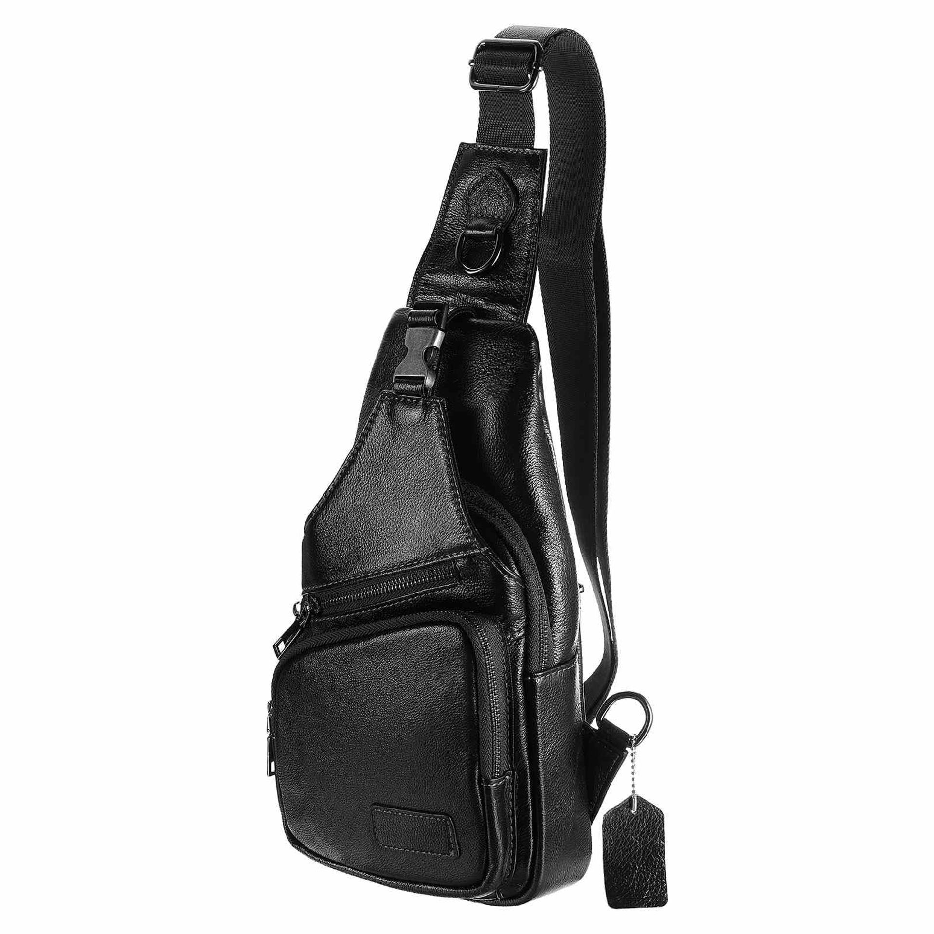 Genuine Leather Sling Bag Multipurpose Crossbody Chest Backpack for Travel & Hiking - Black 6.69"x12.6"
