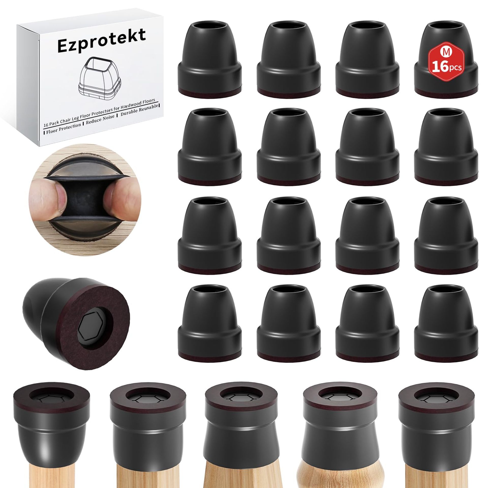 Anti Skid Chair Leg Covers Silicone Floor Protectors with Felt Pads 16 PCS - Black M (Fit 0.8"-1")