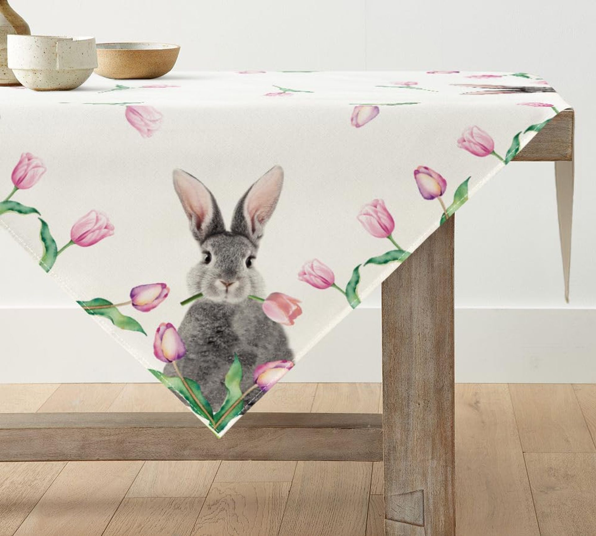 Bunny Rabbits Tulip Flower Easter Tablecloth, 85x85 cm - Vibrant Spring Decor