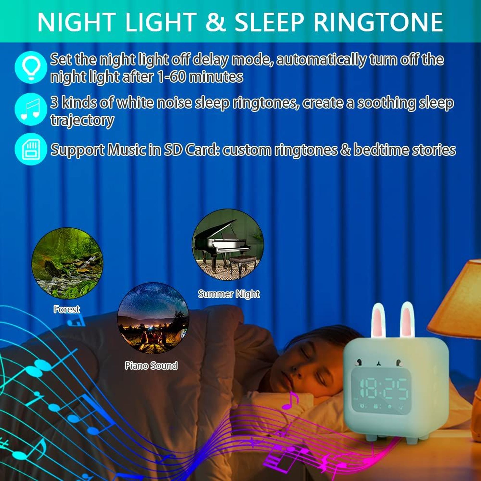Coikes Kids Alarm Clock, Rabbit Digital Clock With Night Light, Timer & S