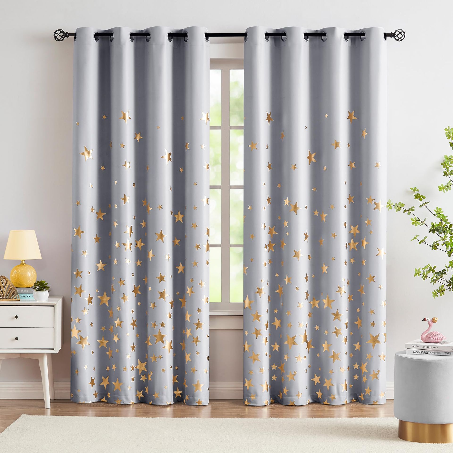 Blackout Curtains Thermal Insulated Eyelet Panels Star Geometric Design - Star Grey W 50" x L 90"