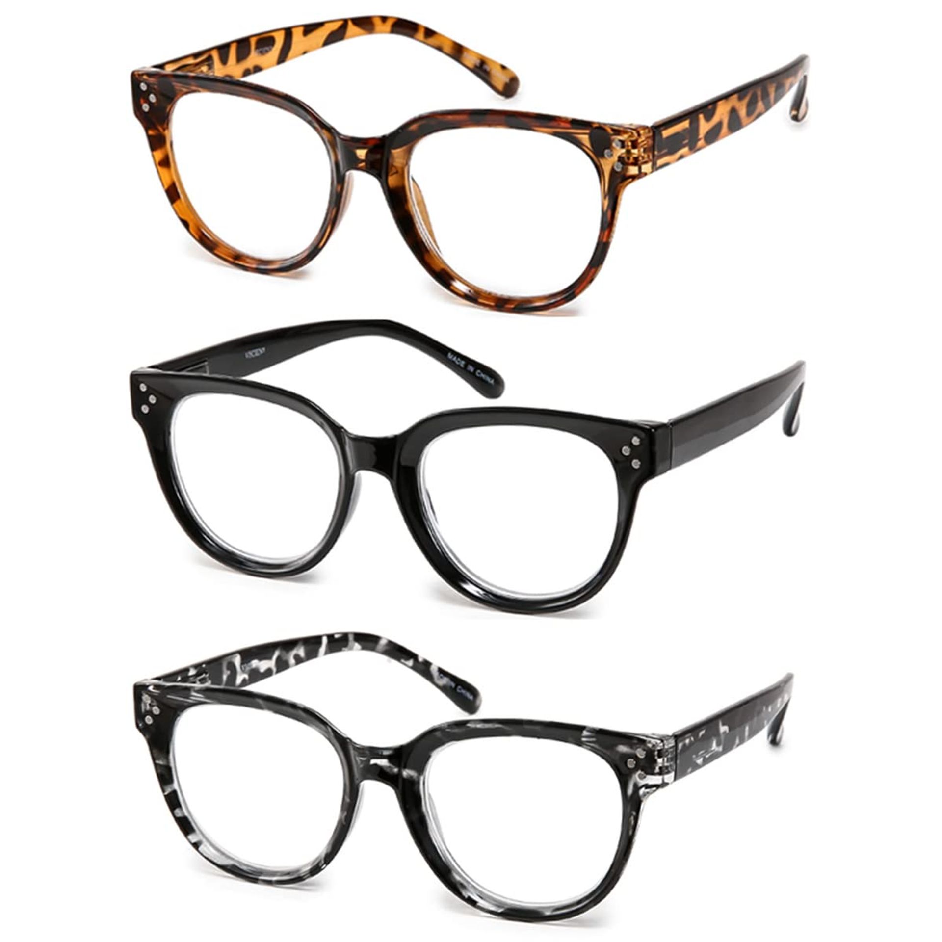 Women's Oversized Reading Glasses 3 Pack Large Frame +4.0 Readers with Spring Hinges Retro Style - 3 Packs Mix 91039-C123-4.0