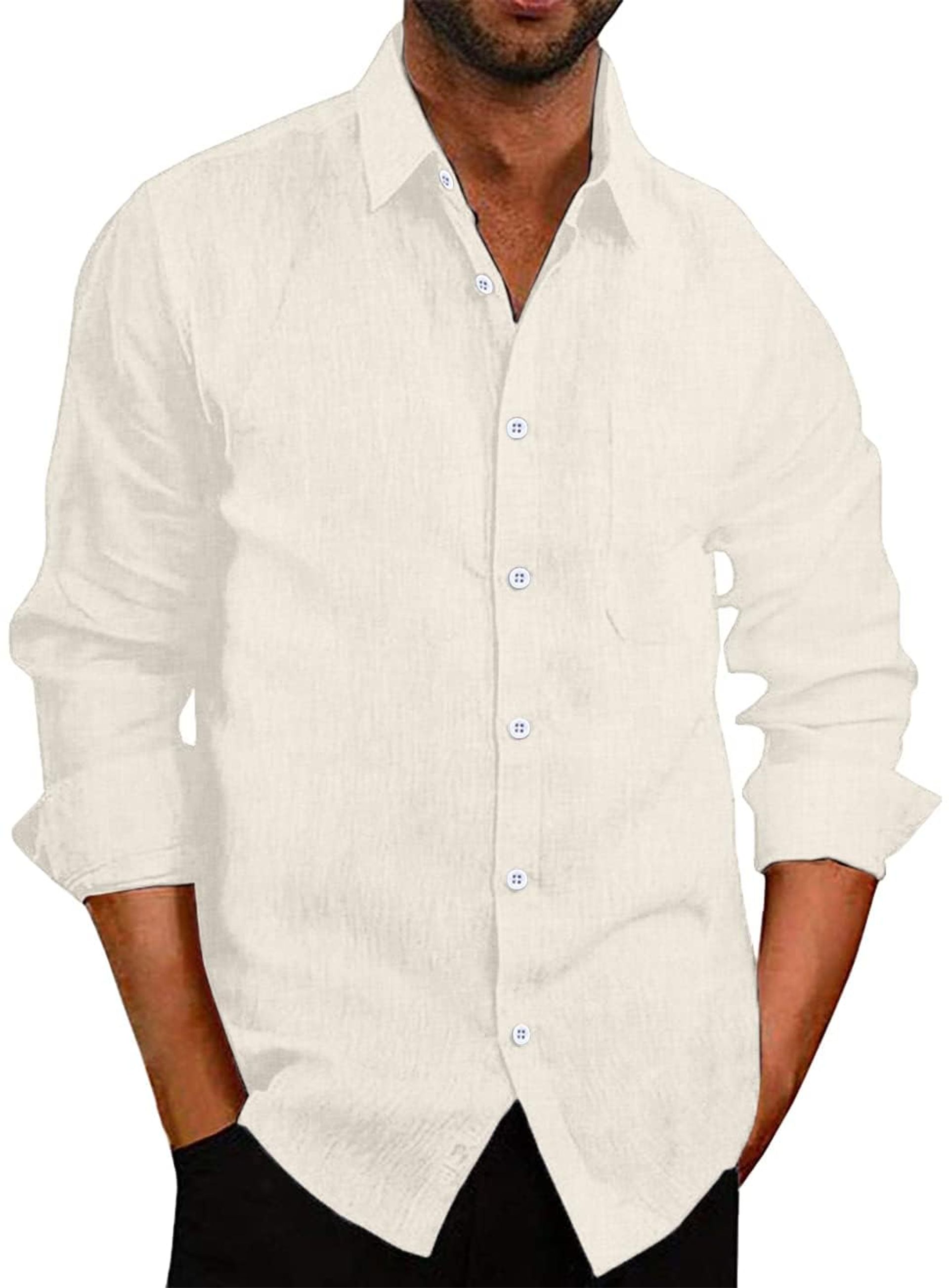 Men's Long Sleeve Linen Shirt Slim Fit Casual Button Down Summer Top - White L