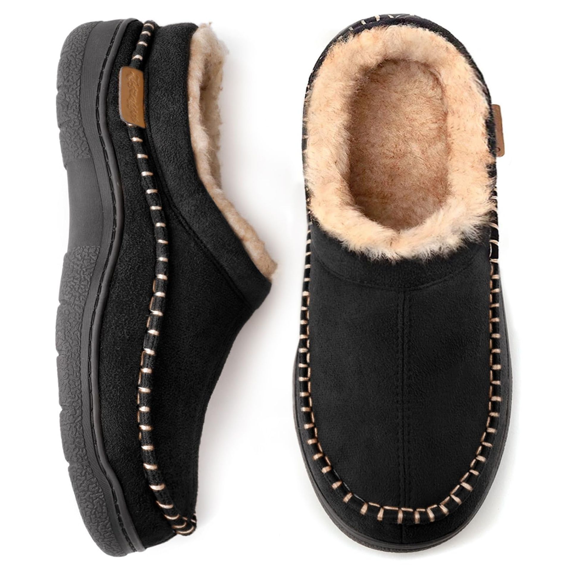 Men's Fuzzy Moccasin Slippers Soft Indoor Outdoor Fluffy House Shoes - Black UK 6-7