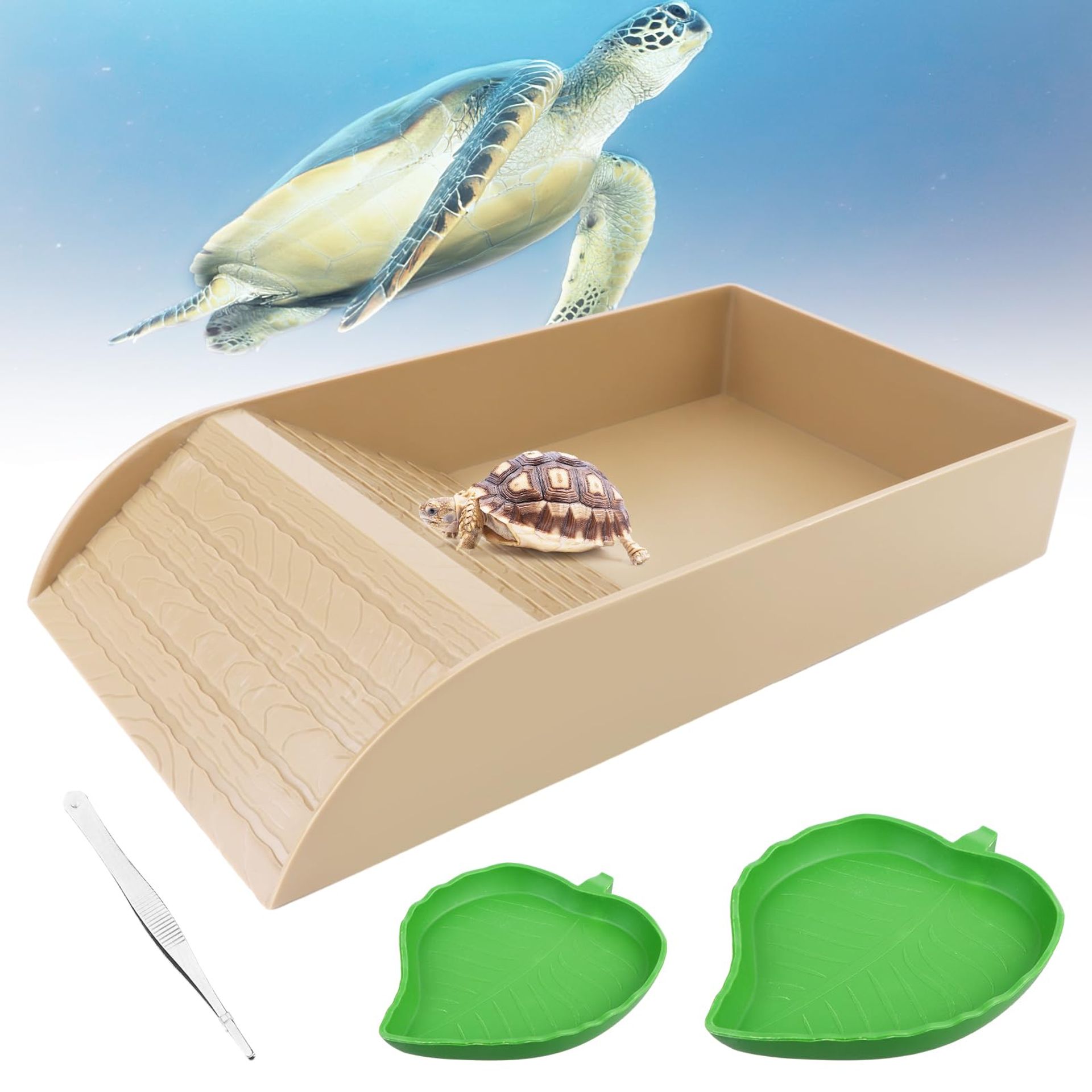 Reptile Tortoise & Turtle Feeding Dish with Ramp and Basking Platform Leaf Shape Food & Water Bowl - Colour B