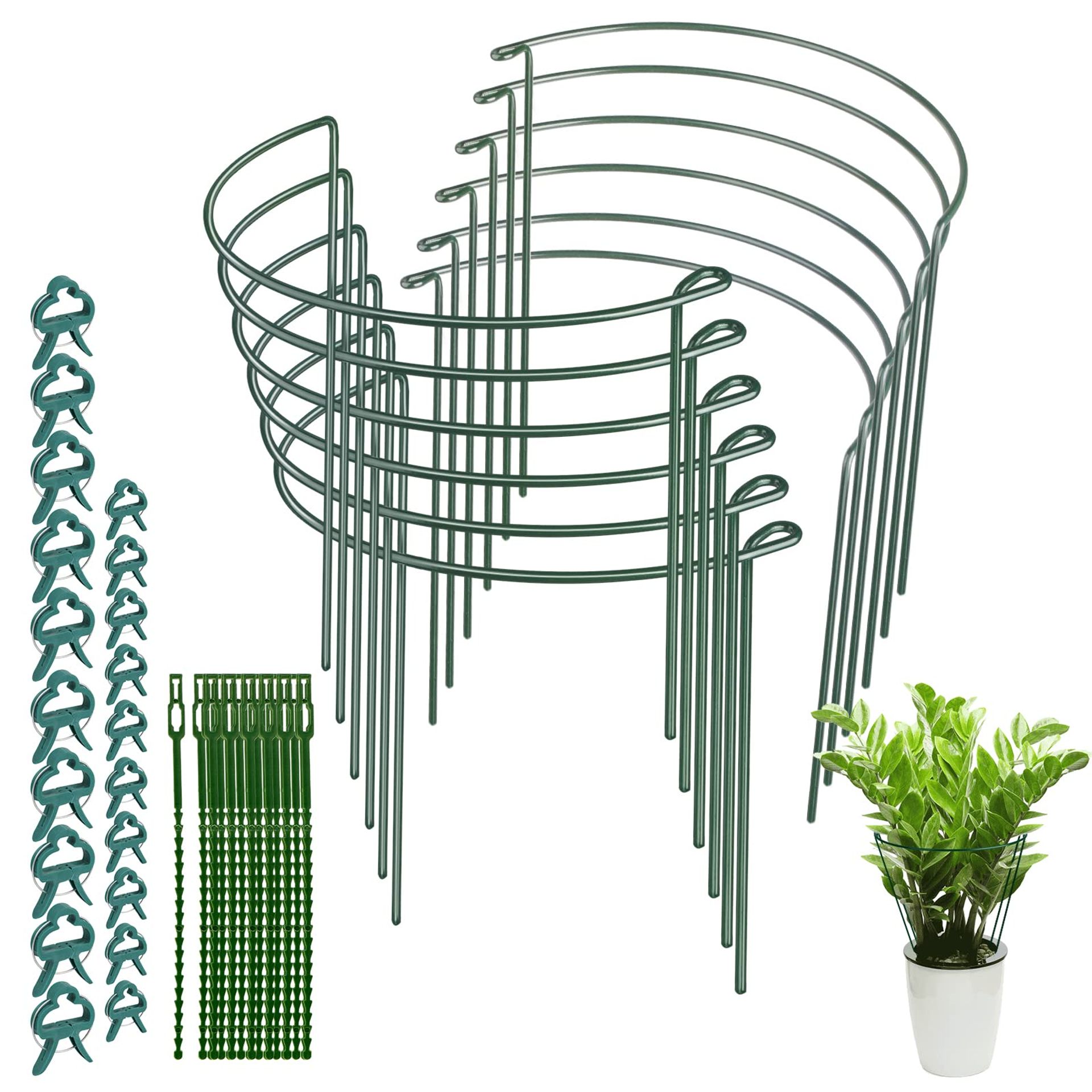 12Pcs Metal Plant Support Stakes Half Round Rings with Clips and Ties for Flowers, Peonies, Roses, Tomatoes and Hydrangeas - Green 25×40cm