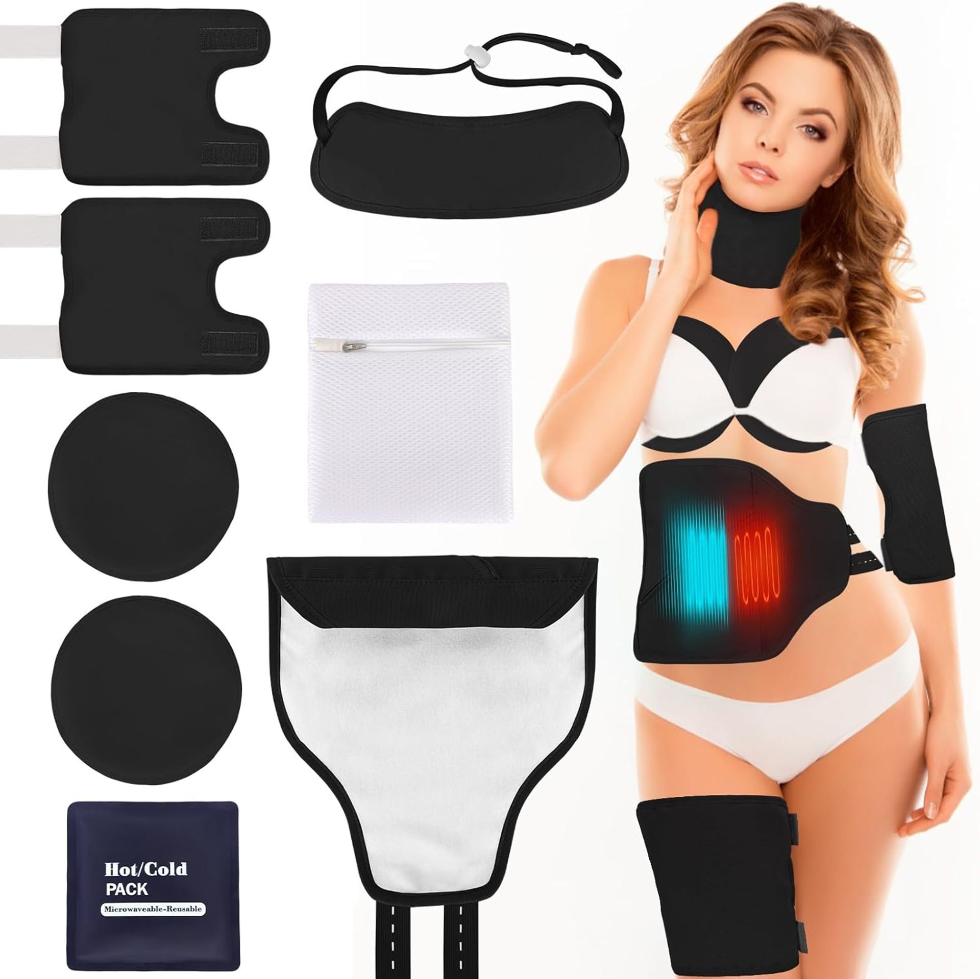 8PCS Castor Oil Pack Wrap Kit Reusable Organic Packs with Heating for Liver Detox, Comfort Sleep, Inflammation Adjustable Elastic Strap Flannel Cotton Machine Washable (Black)