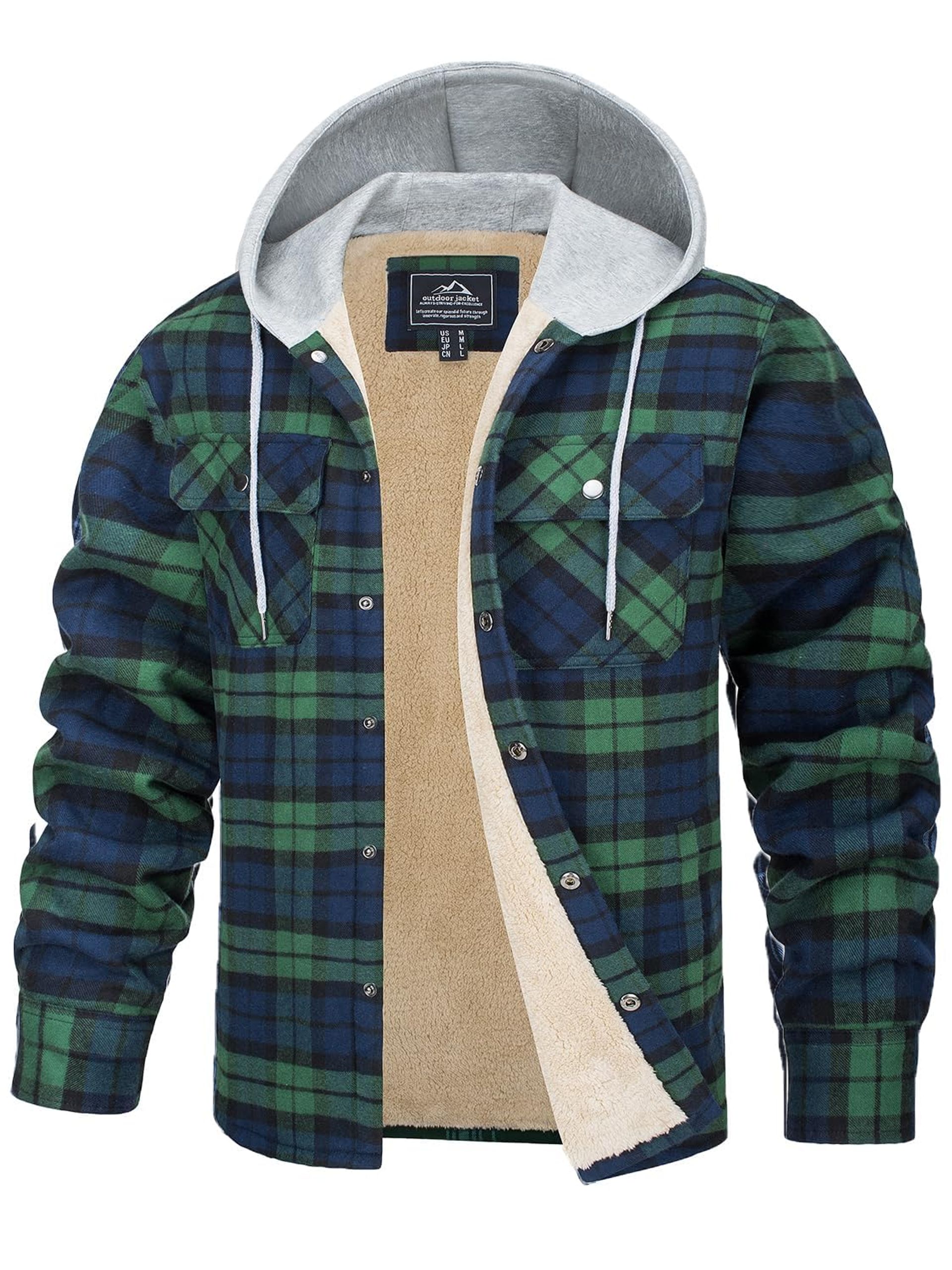 Men's Hooded Flannel Shirt Jacket Fleece Lined Padded Check Lumberjack Style - Green M