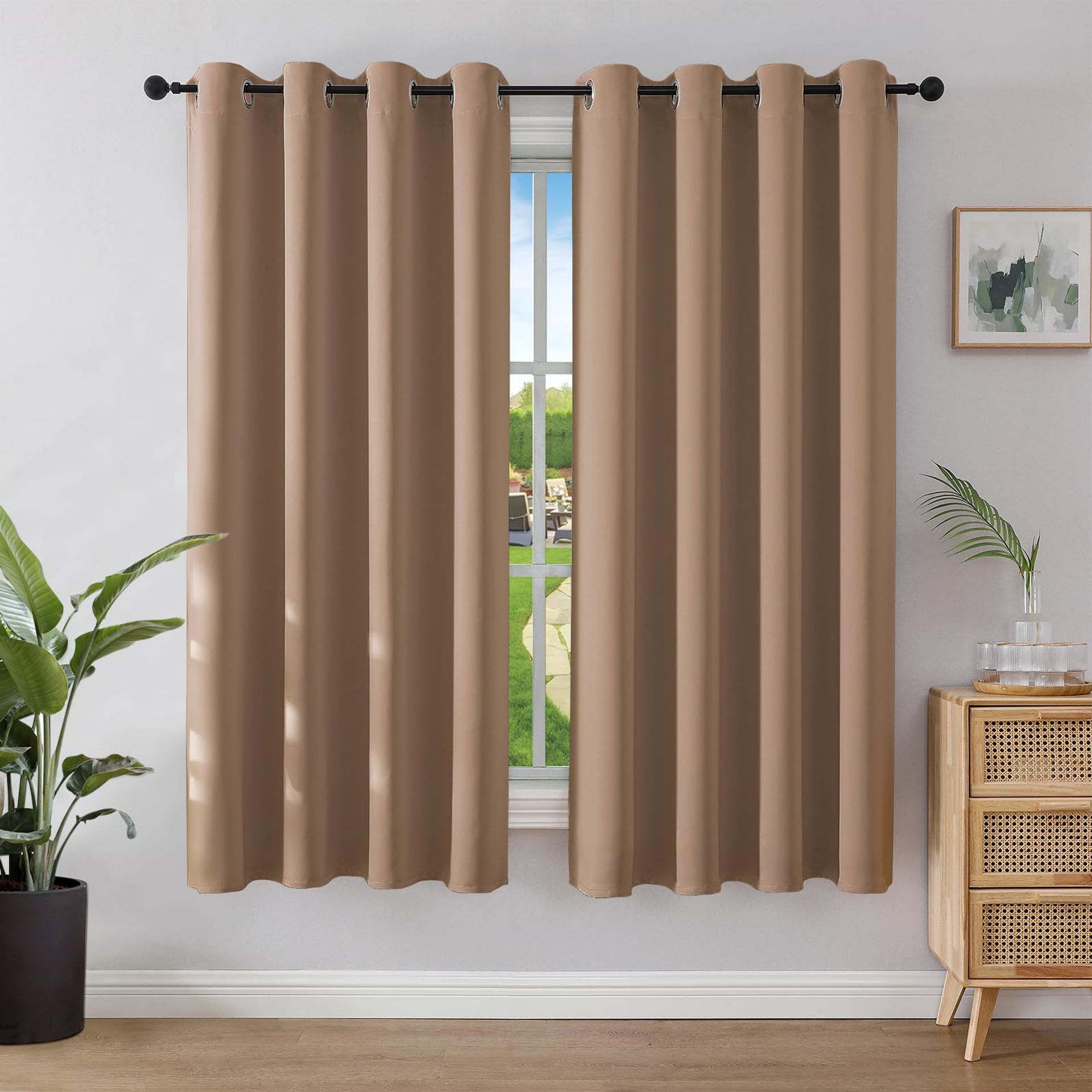 Blackout Curtains 55 x 68 Inch, Thermal Insulated Eyelet Drapes, Energy-Saving Light Blocking Panels for Bedroom or Living Room - Beige, 2 Pack