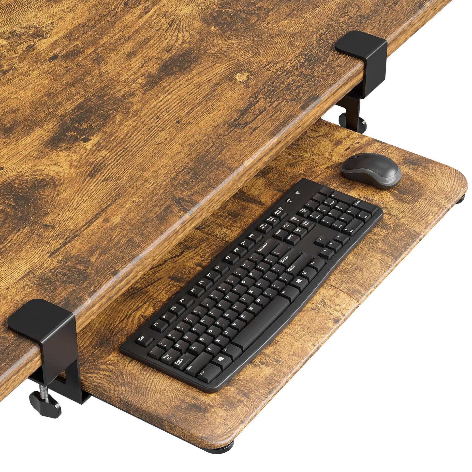 Under Desk Keyboard Tray Pull-Out Sliding Computer Drawer with C-Clamp Ergonomic Design 650x300mm - Rustic Brown Standard