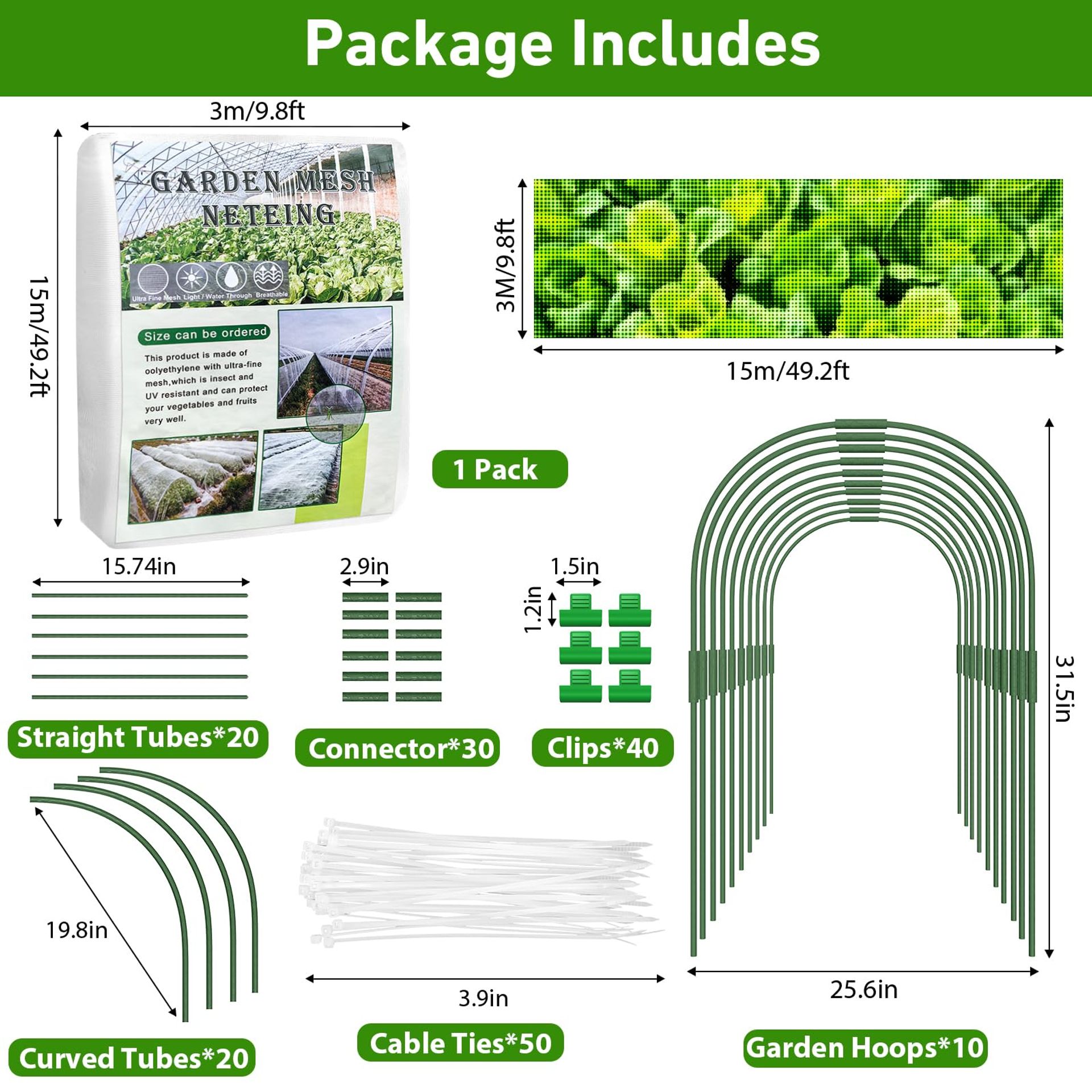 Garden Insect Mesh Netting with 10 Hoops - 9.8x49FT