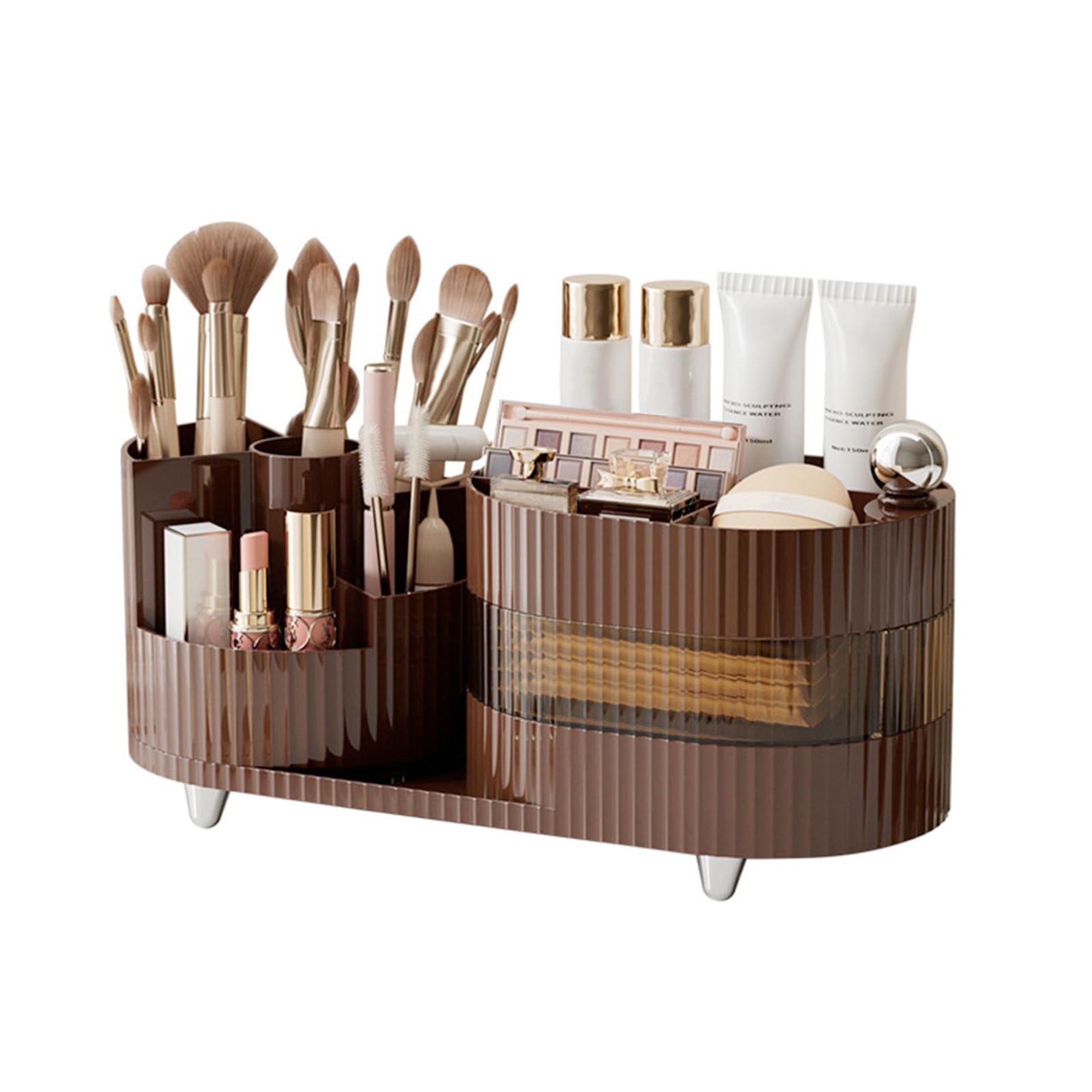 360° Rotating Makeup Organiser with Large Capacity, Brush & Skincare Storage for Vanity, Bathroom or Desk - Brown
