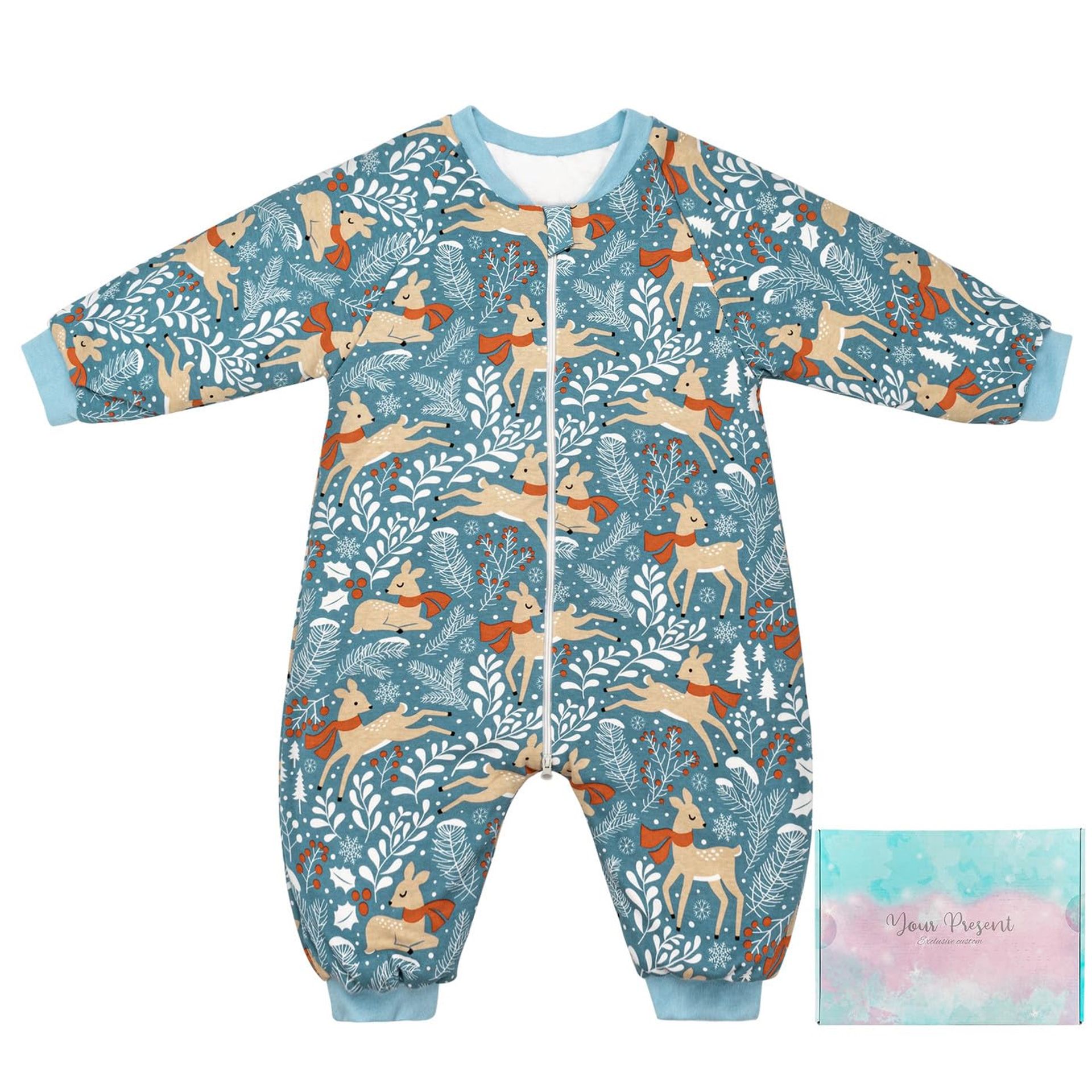 SIMYJOY Baby Sleeping Bag 1.5 Tog Toddler Sleeping Bag with Arms 100% Cotton Padded Baby Sleeping Bag with Legs 6-12 Months, Deer