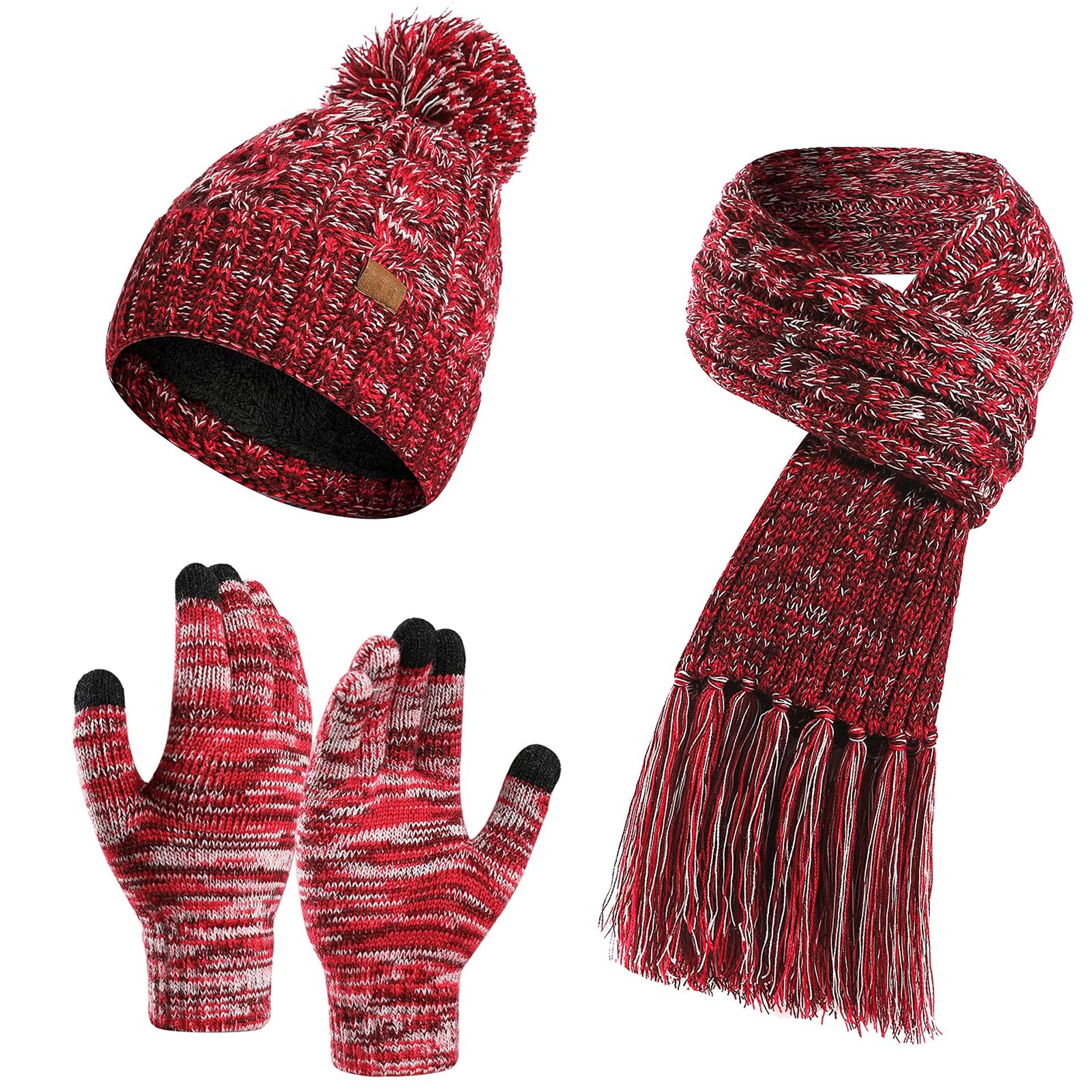 Winter Knit Scarf Hat and Touch Screen Glove Set Warm Bobble Design - Red One Size