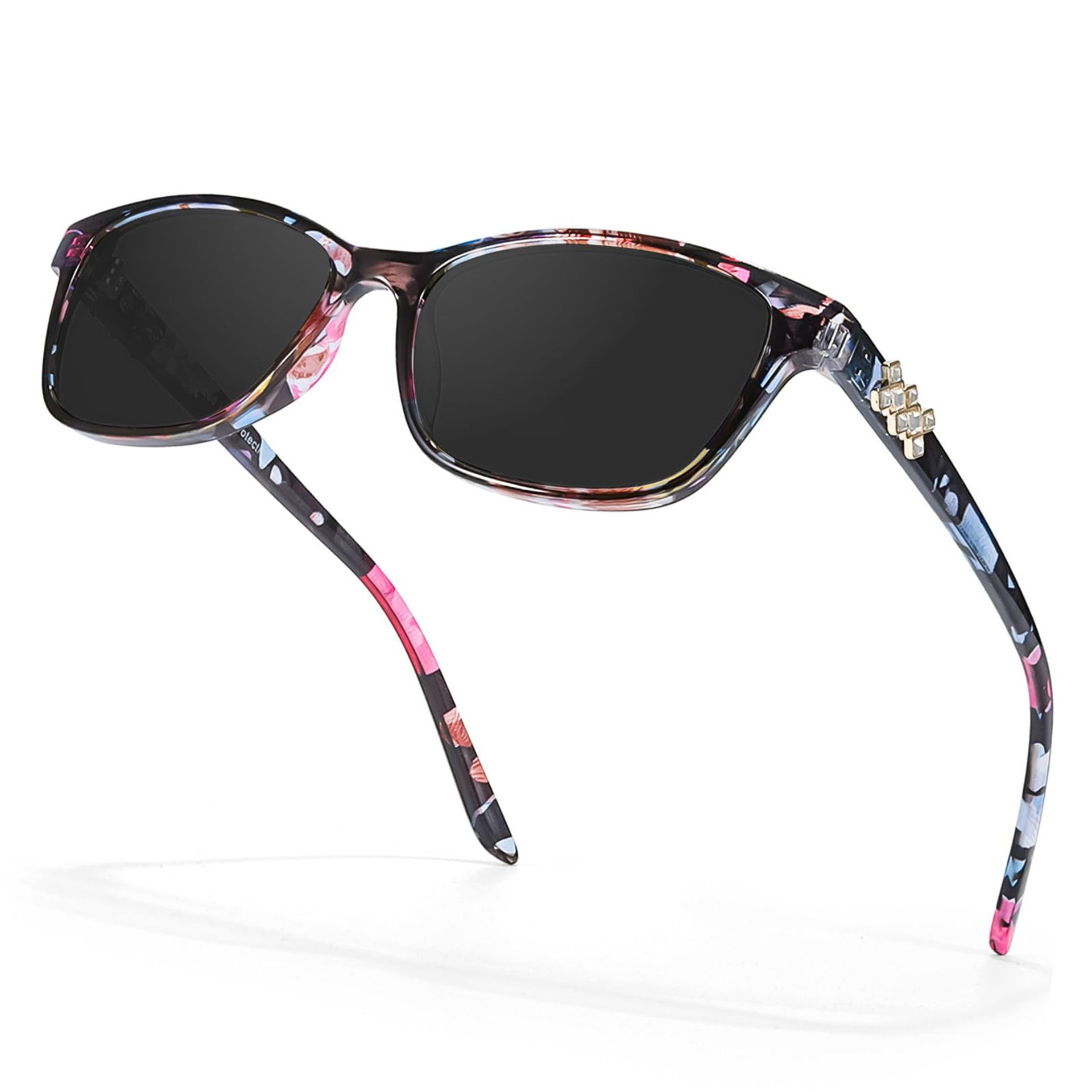 Retro Oval Cat Eye Sunglasses for Women UV400 Polarised Slim Frame - Floral/Grey TAC