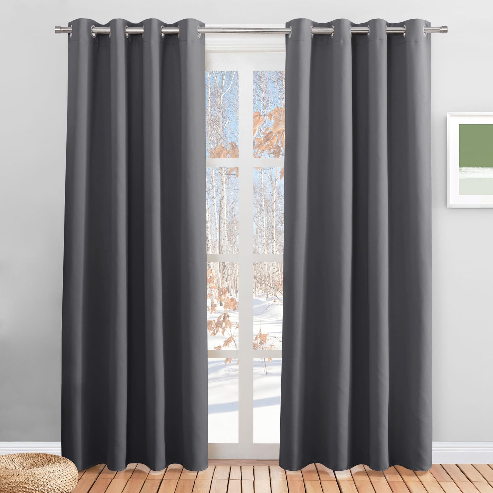 Thermal Blackout Curtains Room Darkening Insulated Eyelet Drapes Set of 2 - Grey W 55" x L 87"