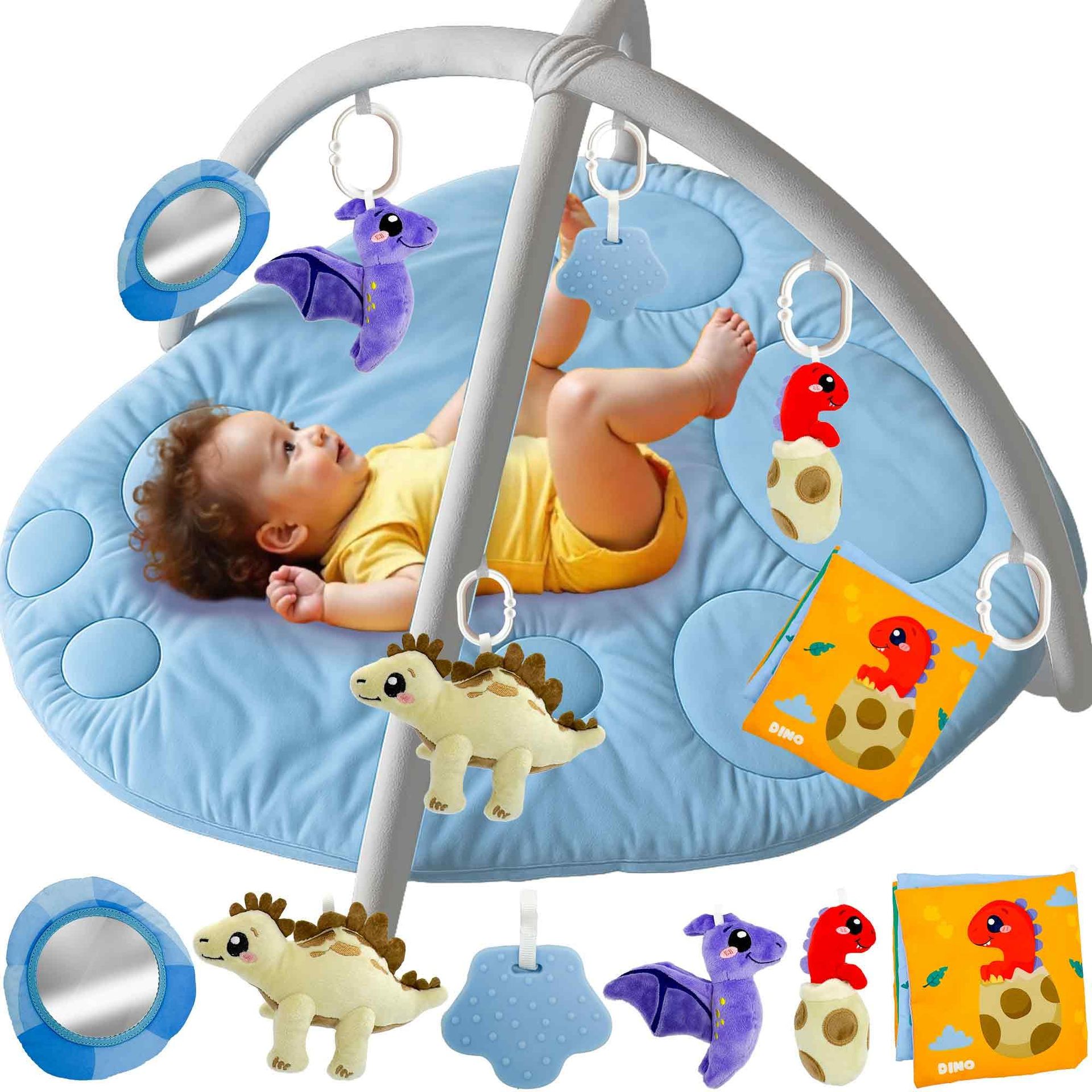 Baby Play Gym Mat with 6 Sensory Toys, Thick Tummy Time Pad, Machine Washable, Gender Neutral Gift - Shaped Rocket