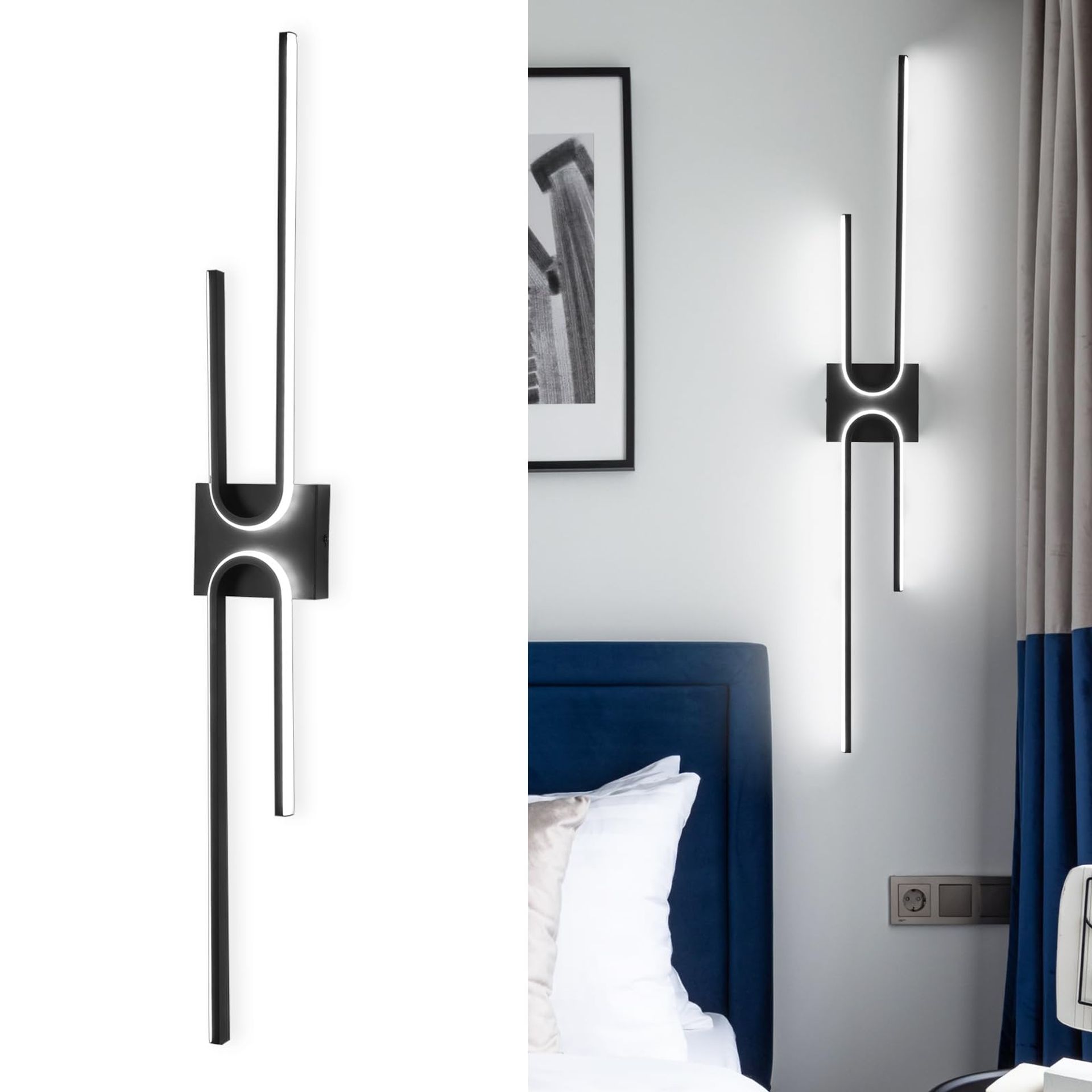 LED Wall Light Modern Curved Design 28W Indoor Sconce Fixture for Bedroom Living Room Hallway - Black 100cm 6000K