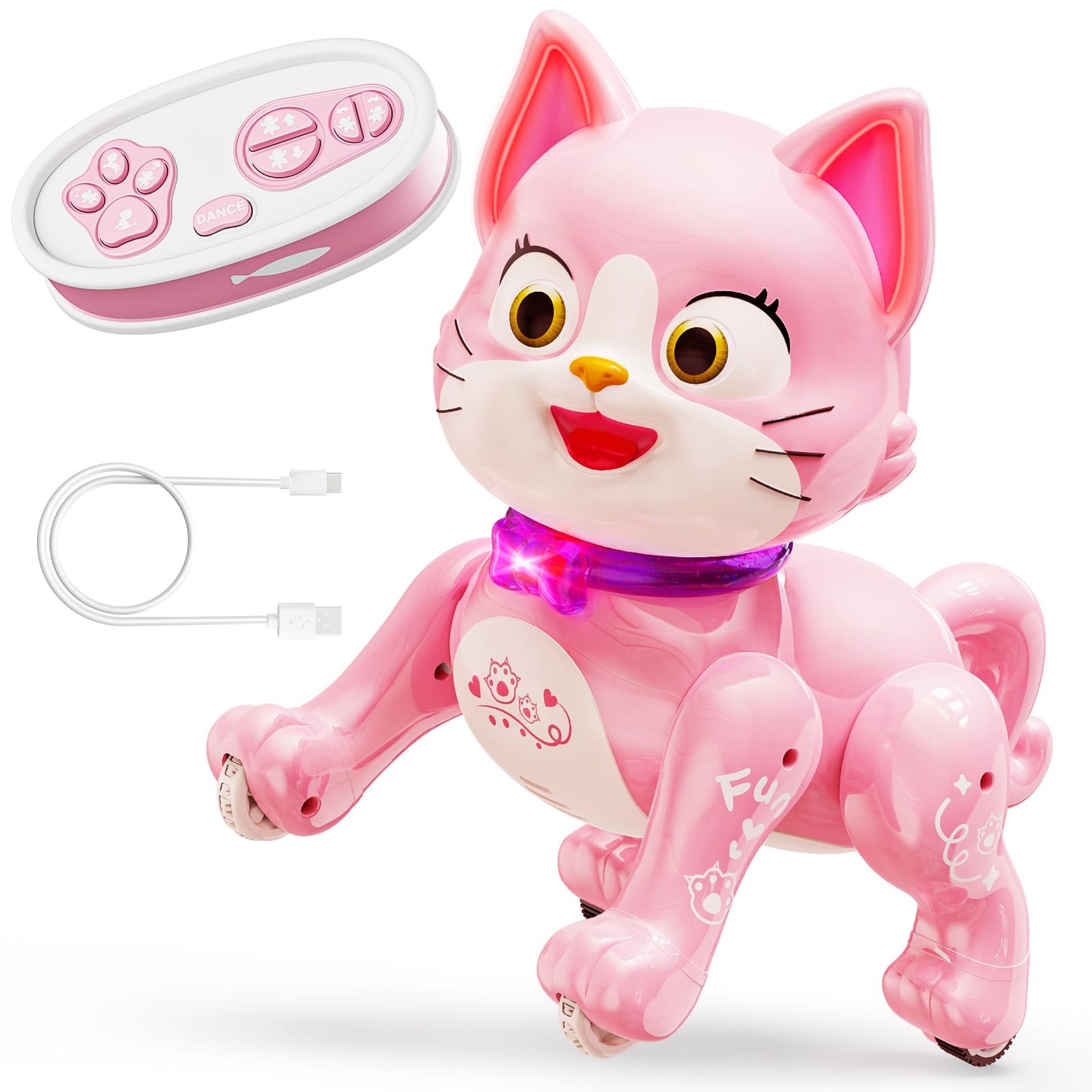 Remote Control Robot Cat Toy with LED Lights, Dancing & Tricks, Rechargeable Interactive Pet for Kids Age 3-6, Fun STEM Gift