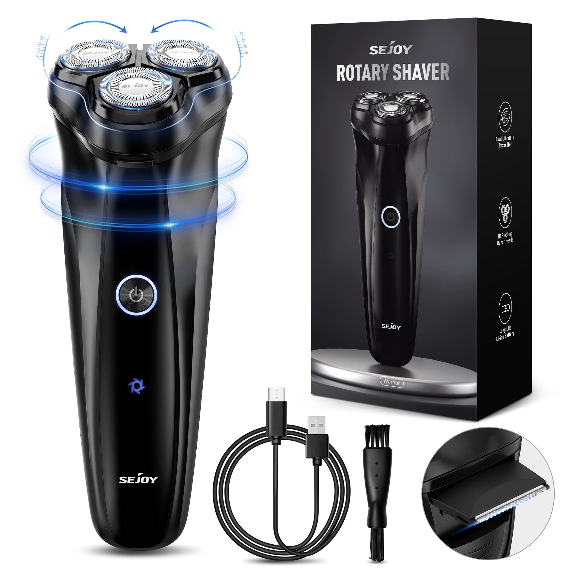 3D Electric Shaver Rotary Razor for Men with Pop-up Trimmer, LCD Display, Fast Rechargeable 90-Min Shaving - Black TXD-WARRIOR-BLA