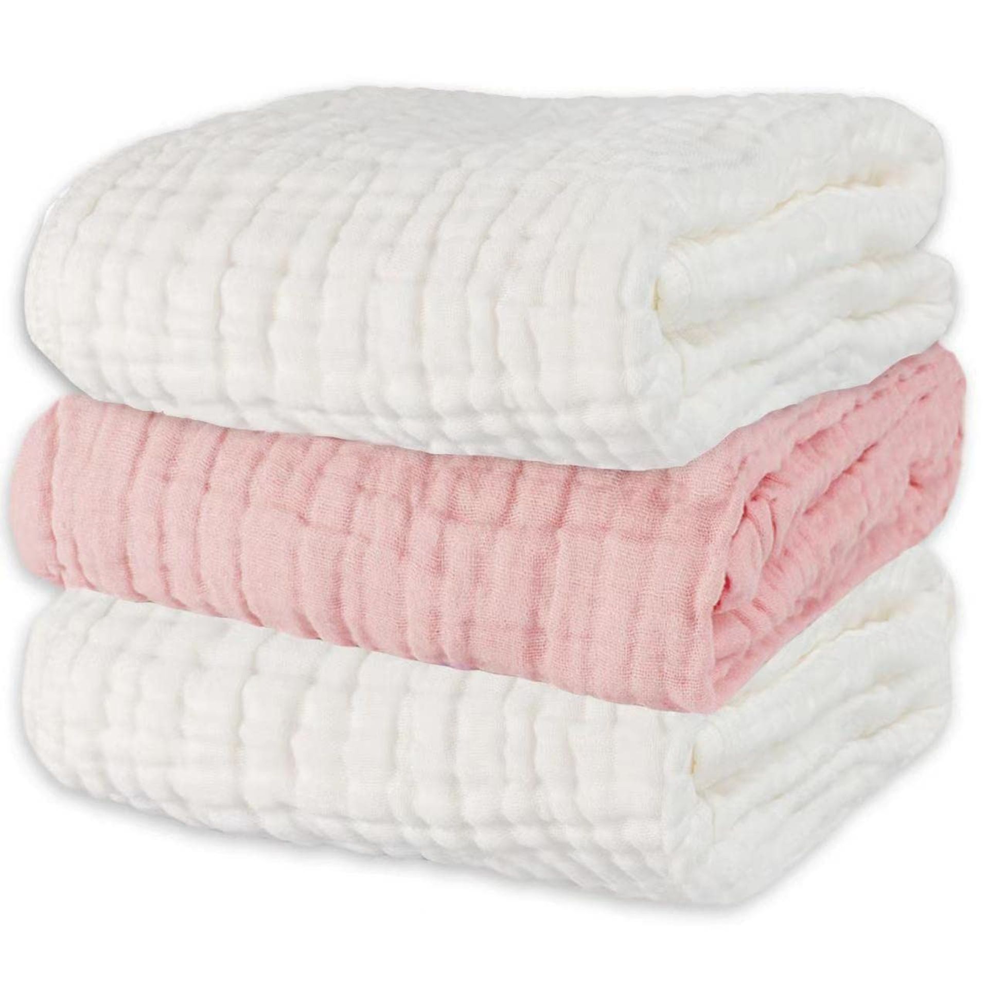 Baby Muslin Bath Towels 3 Pack 6-Layer Ultra Soft Cotton for Newborns - White & Pink 40x40 Inch